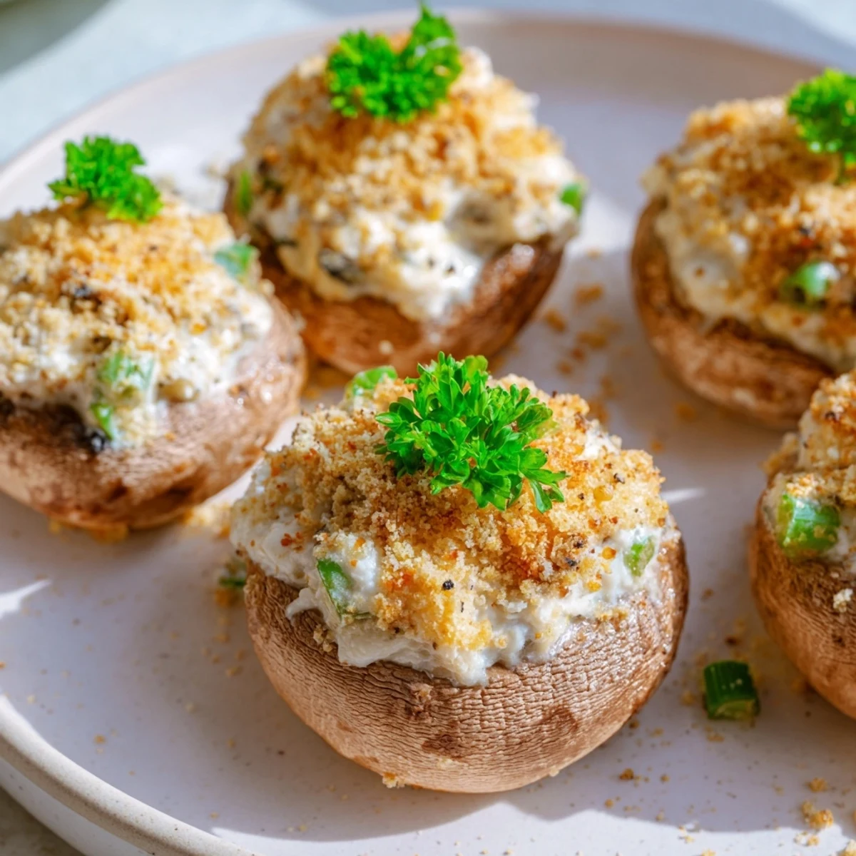 Mozzarella popper stuffed mushrooms topped with crunchy breadcrumbs and fresh parsley garnish.