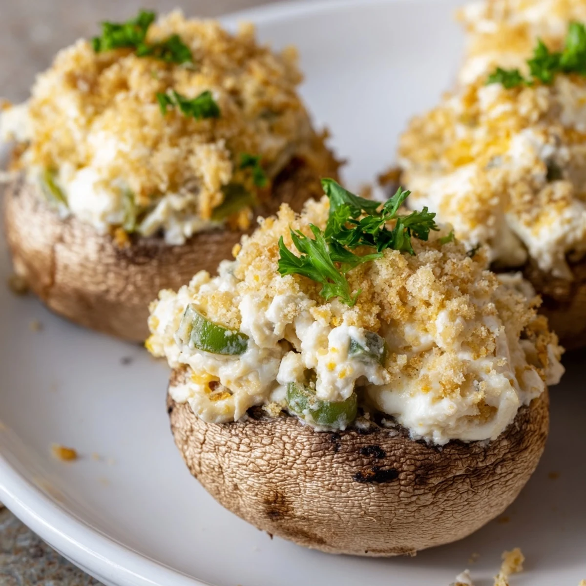 Spicy mozzarella popper stuffed mushrooms with jalapeños and cheddar filling, served warm as appetizer.