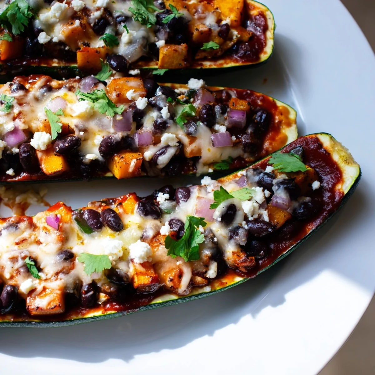 A vibrant, vegetarian gluten-free meal featuring hollowed zucchini boats stuffed with seasoned black beans, roasted squash, and spicy enchilada sauce, served hot for dinner.
