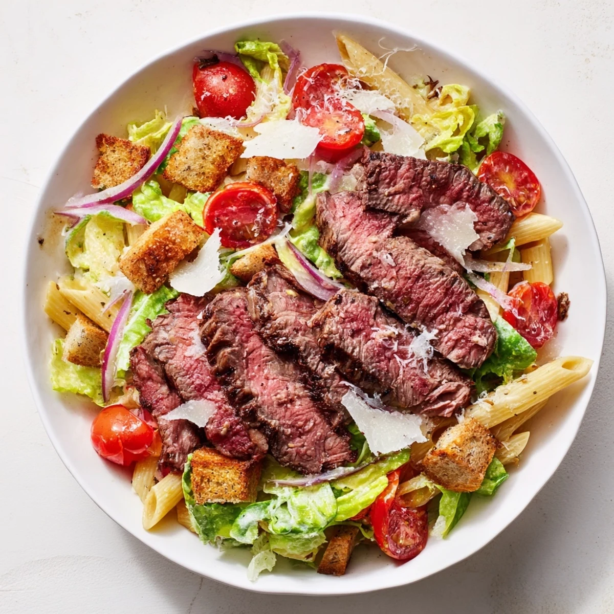 A close-up view highlights the vibrant romaine, pasta, and cherry tomatoes in the Flavorful Steak Caesar Pasta Salad.
