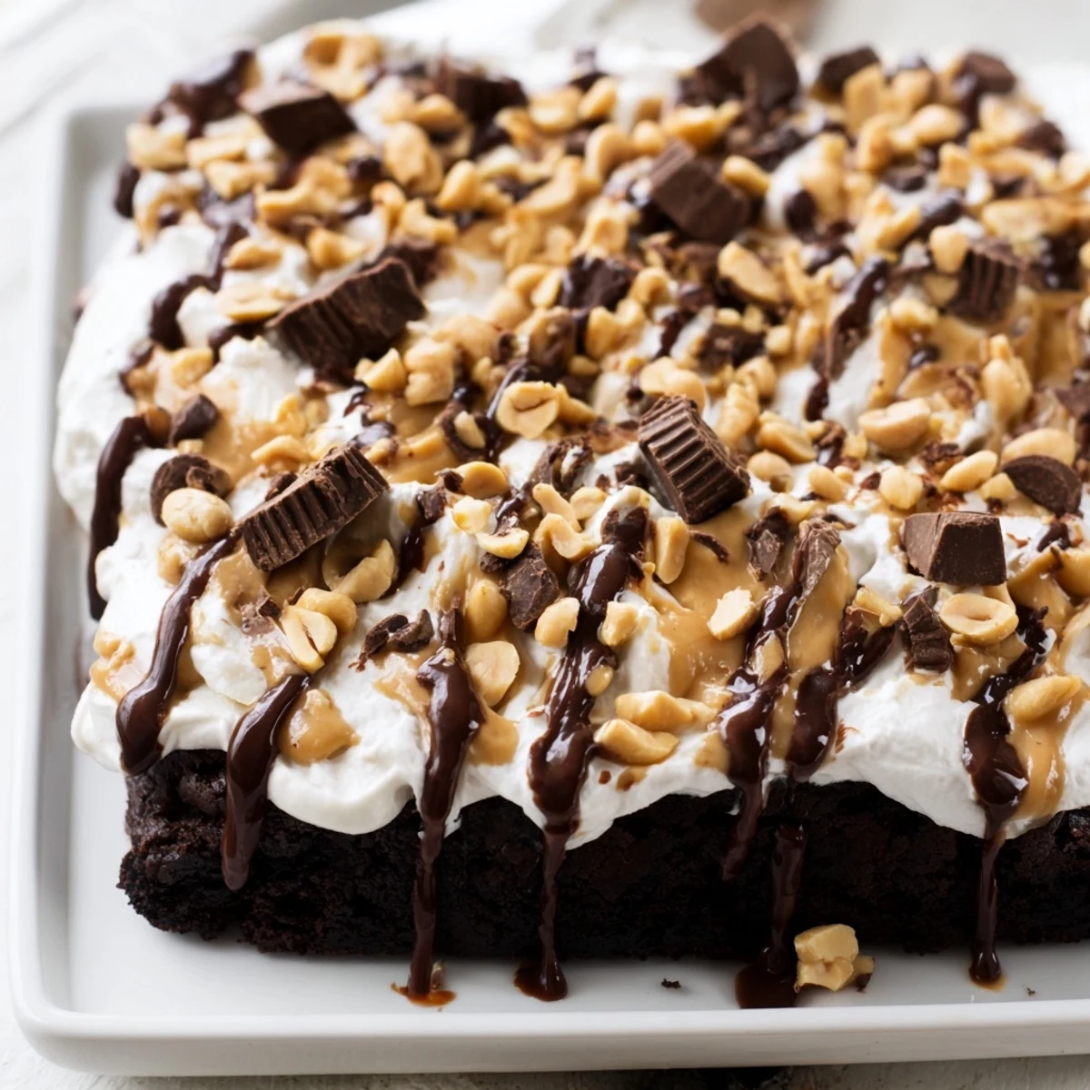 A slice of Chocolate Peanut Butter Poke Cake with whipped cream and chocolate drizzle on a white plate, ready to serve.