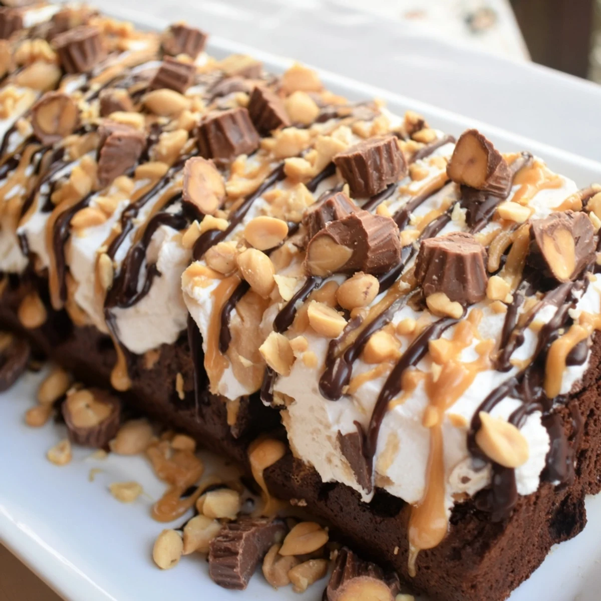 A close-up of moist Chocolate Peanut Butter Poke Cake soaked with creamy filling and topped with chopped peanuts.