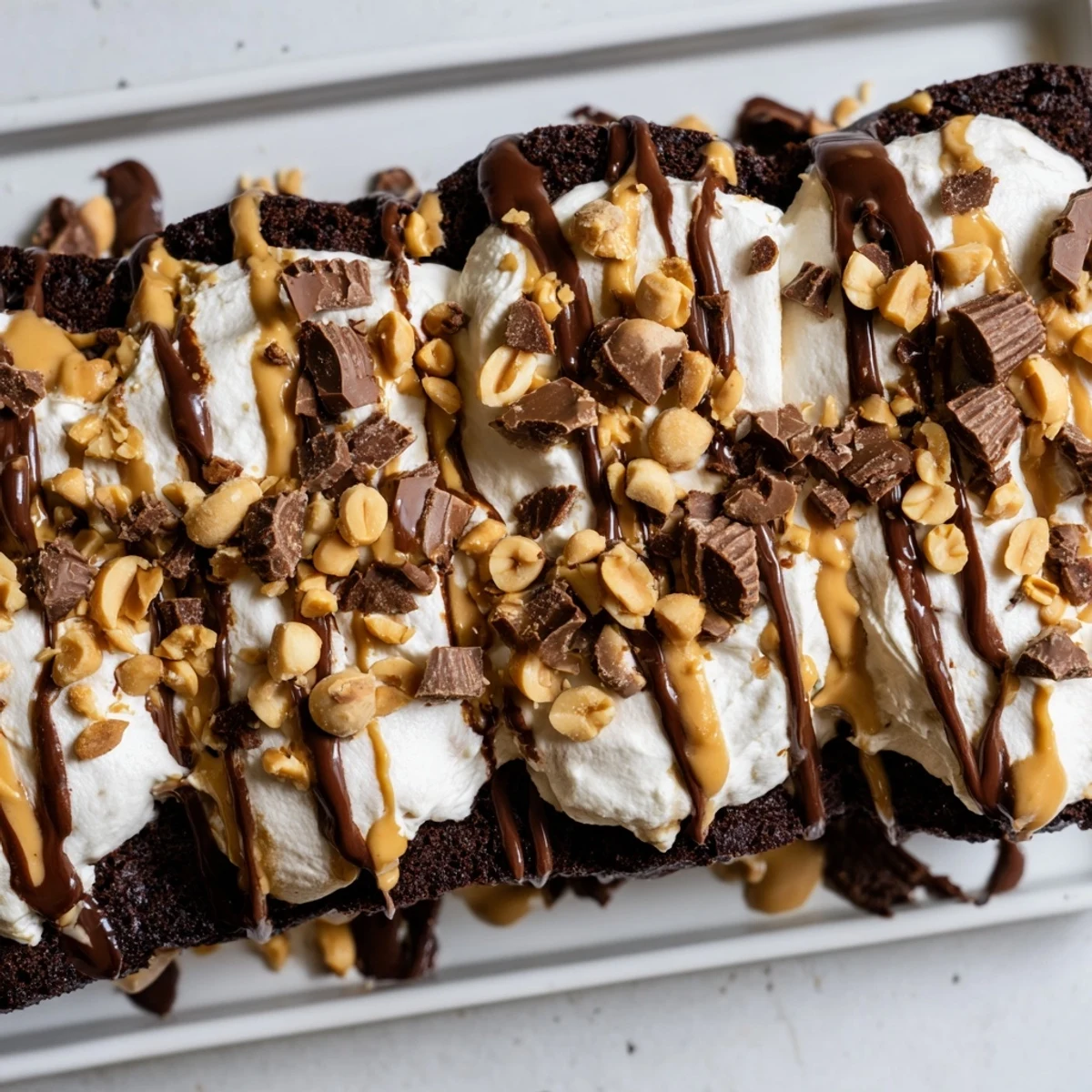 Chocolate Peanut Butter Poke Cake on a dessert table with milk and coffee, perfect for celebrations.