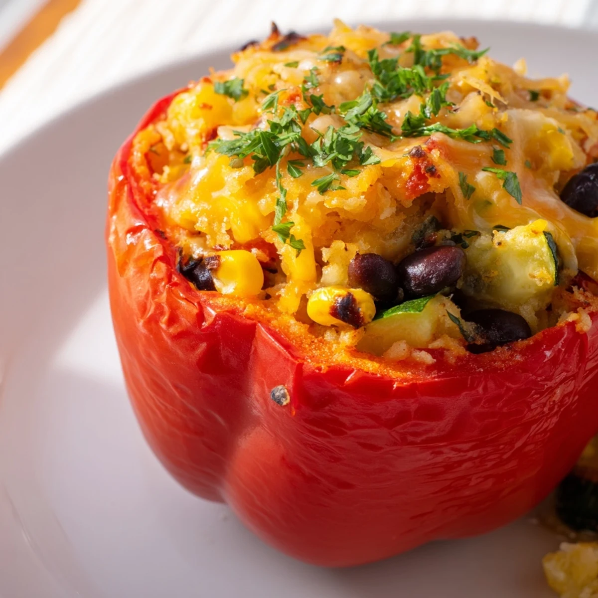Hearty Cajun Potato Stuffed Bell Peppers sit beside a crisp green salad on a rustic wooden table.