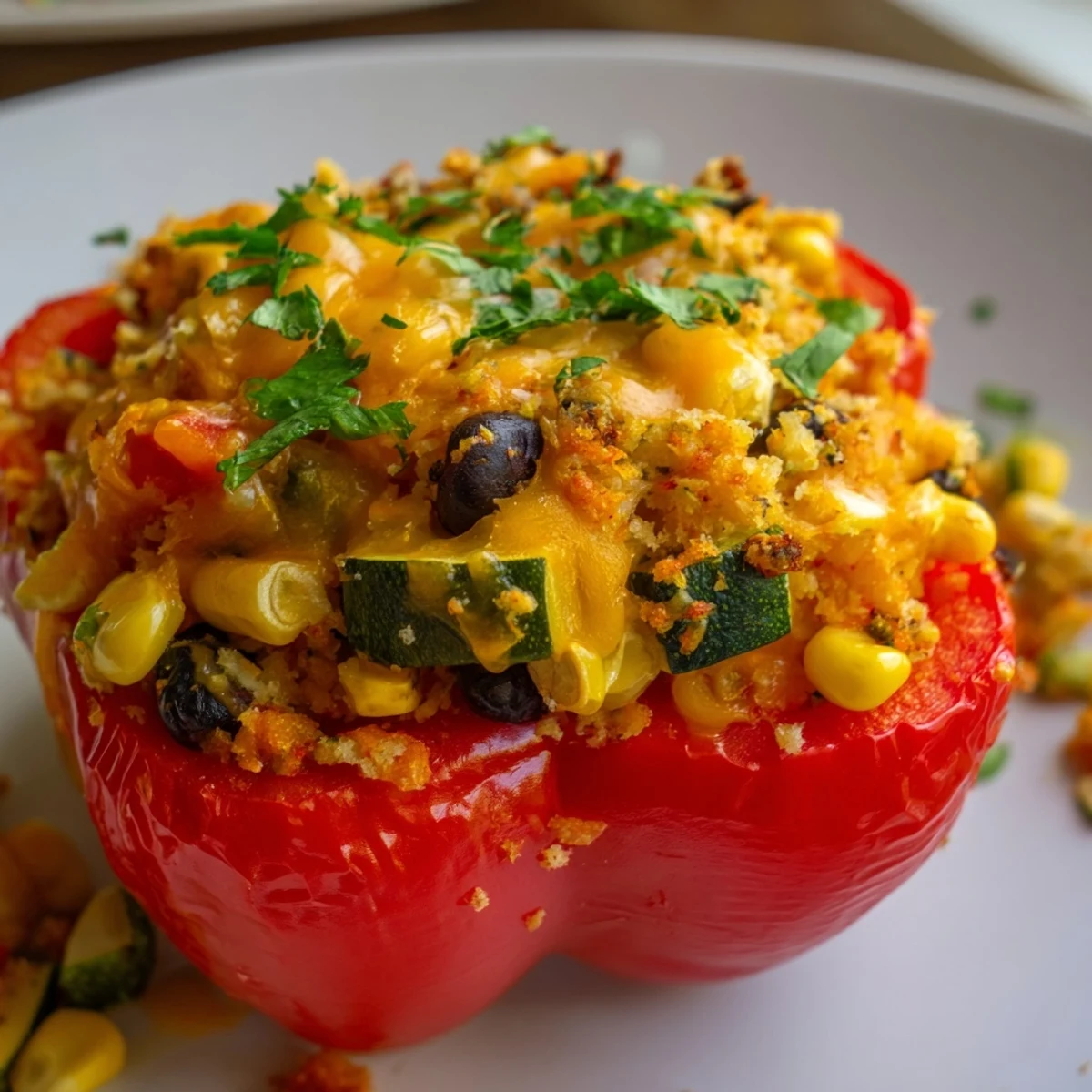 Close-up of tender bell peppers stuffed with fluffy Cajun potatoes, corn, and black beans, garnished with parsley.
