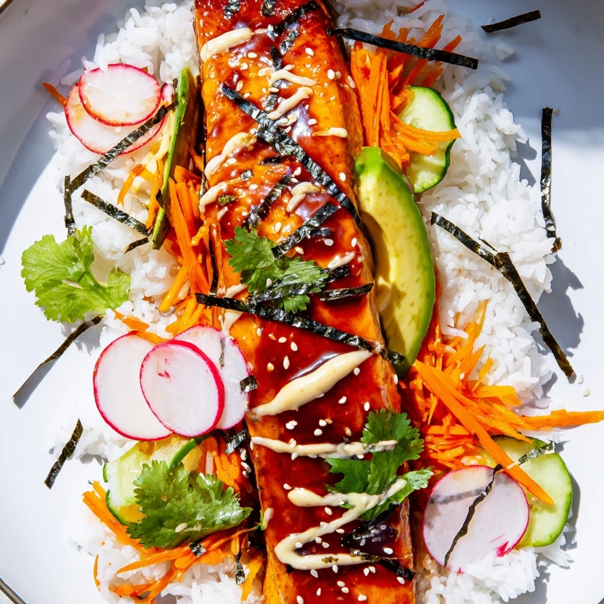 A vibrant bowl of teriyaki salmon rice taco bowls filled with crunchy vegetables and fresh cilantro.  