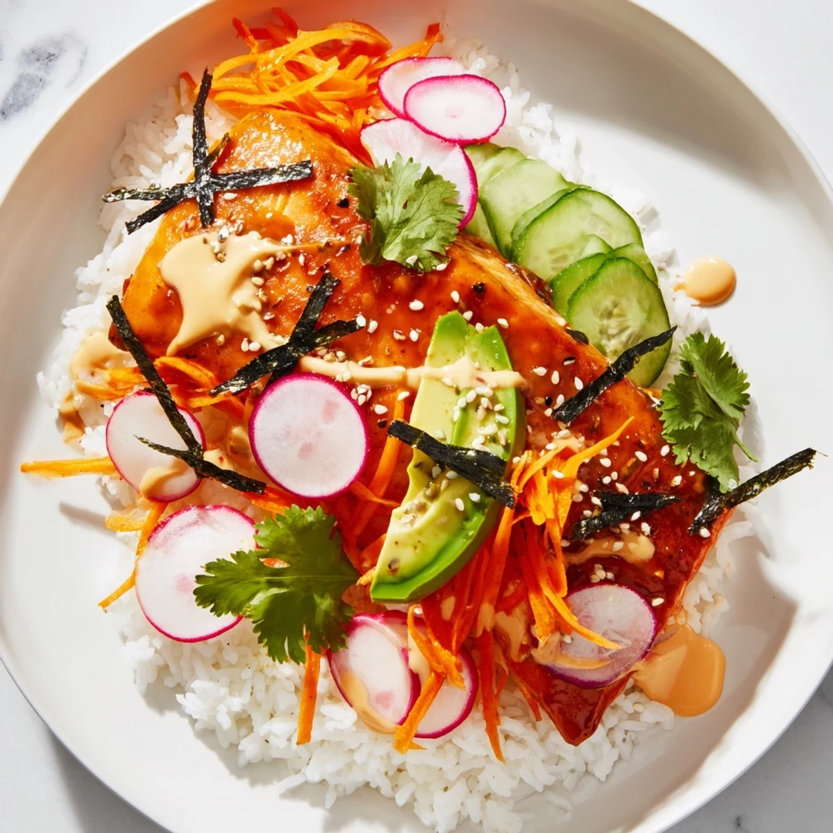 Flaky teriyaki glazed salmon atop fluffy jasmine rice with bright pickled veggies and creamy sriracha mayo.  