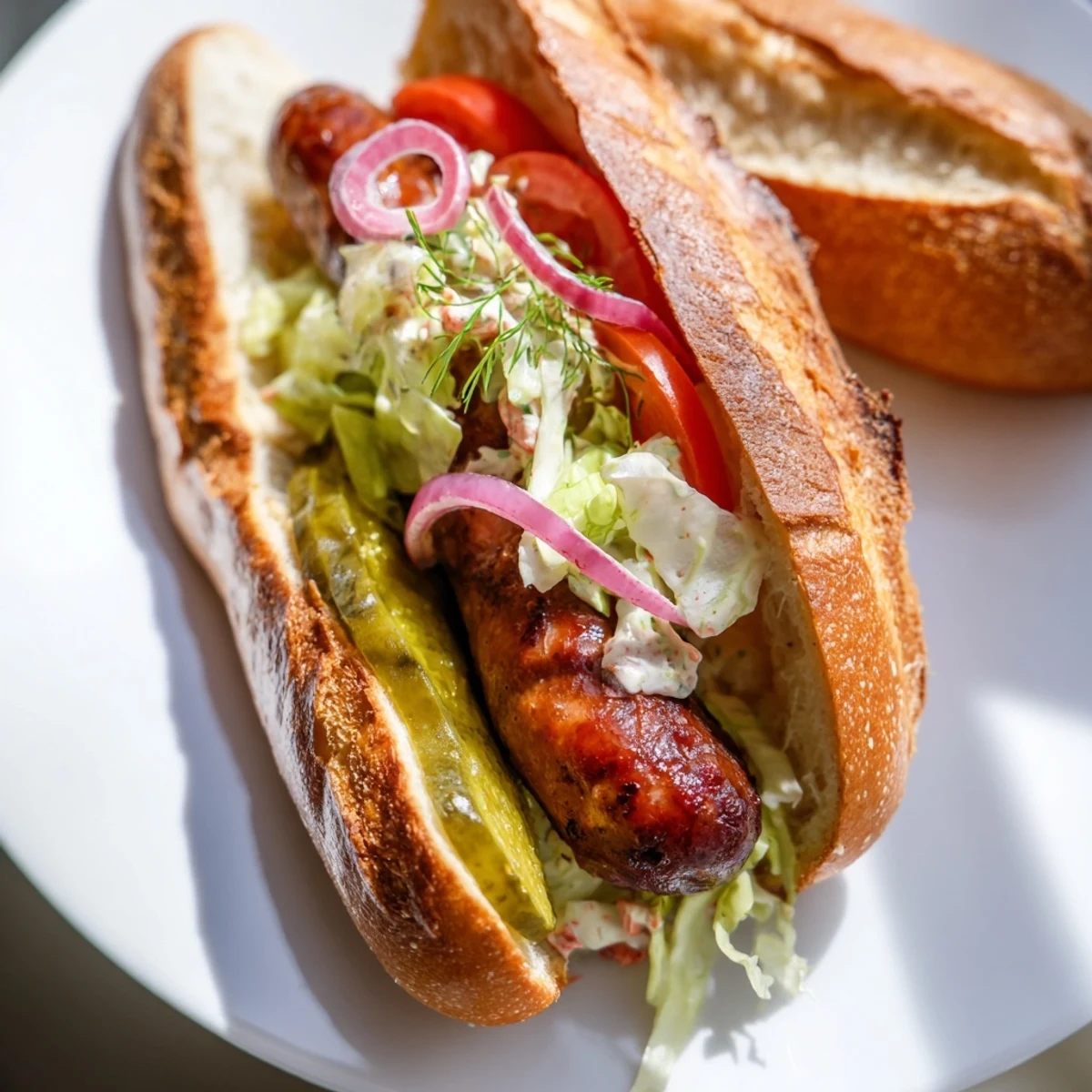Golden Grilled Cajun Beef Sausage Po Boy Sandwiches served on a crusty baguette with Creole sauce.