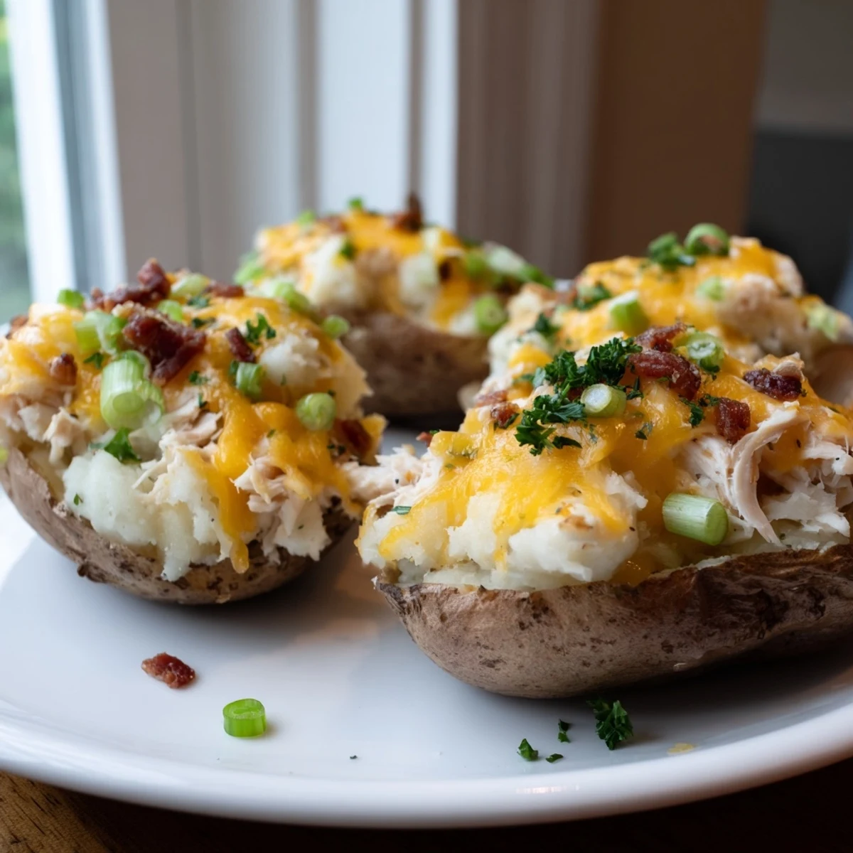 Golden-brown twice-baked potatoes, stuffed with creamy chicken filling and melted cheddar, ready to serve as a hearty main dish.