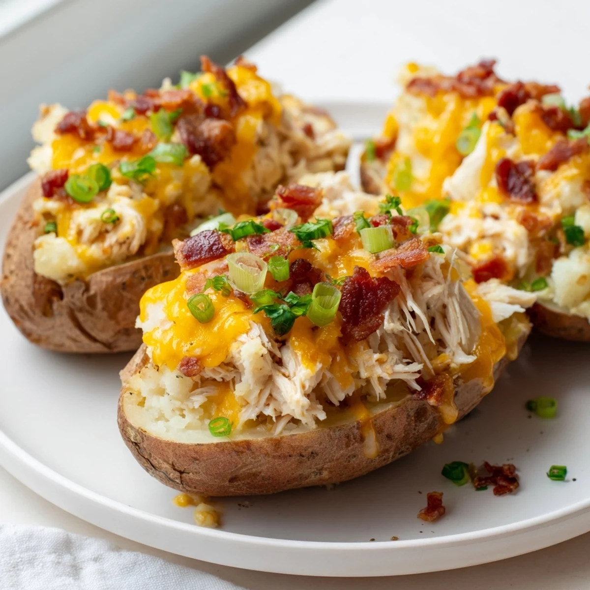 Close-up view of Mud Chicken Stuffed Twice Baked Potatoes topped with fresh parsley and crumbled bacon on a rustic plate.