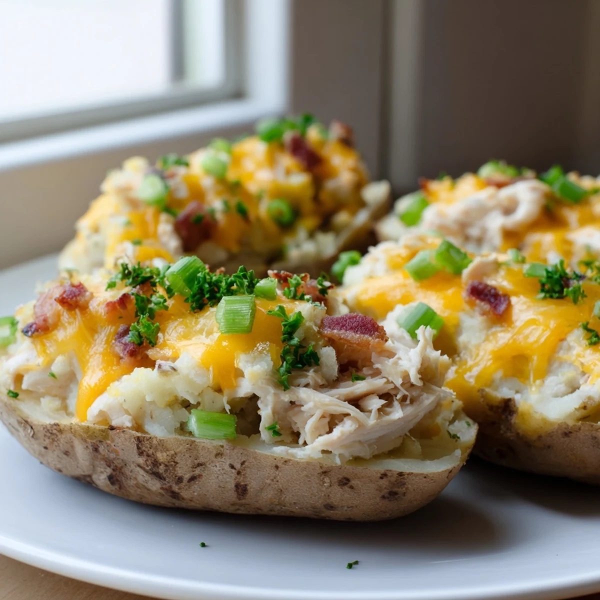Crisp baked russet potato shells overflowing with savory shredded chicken, mashed potatoes, and melted cheese for a comforting meal.