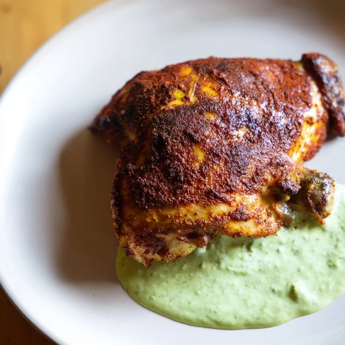 Perfectly roasted Peruvian chicken with crispy skin, served alongside creamy cilantro green sauce.