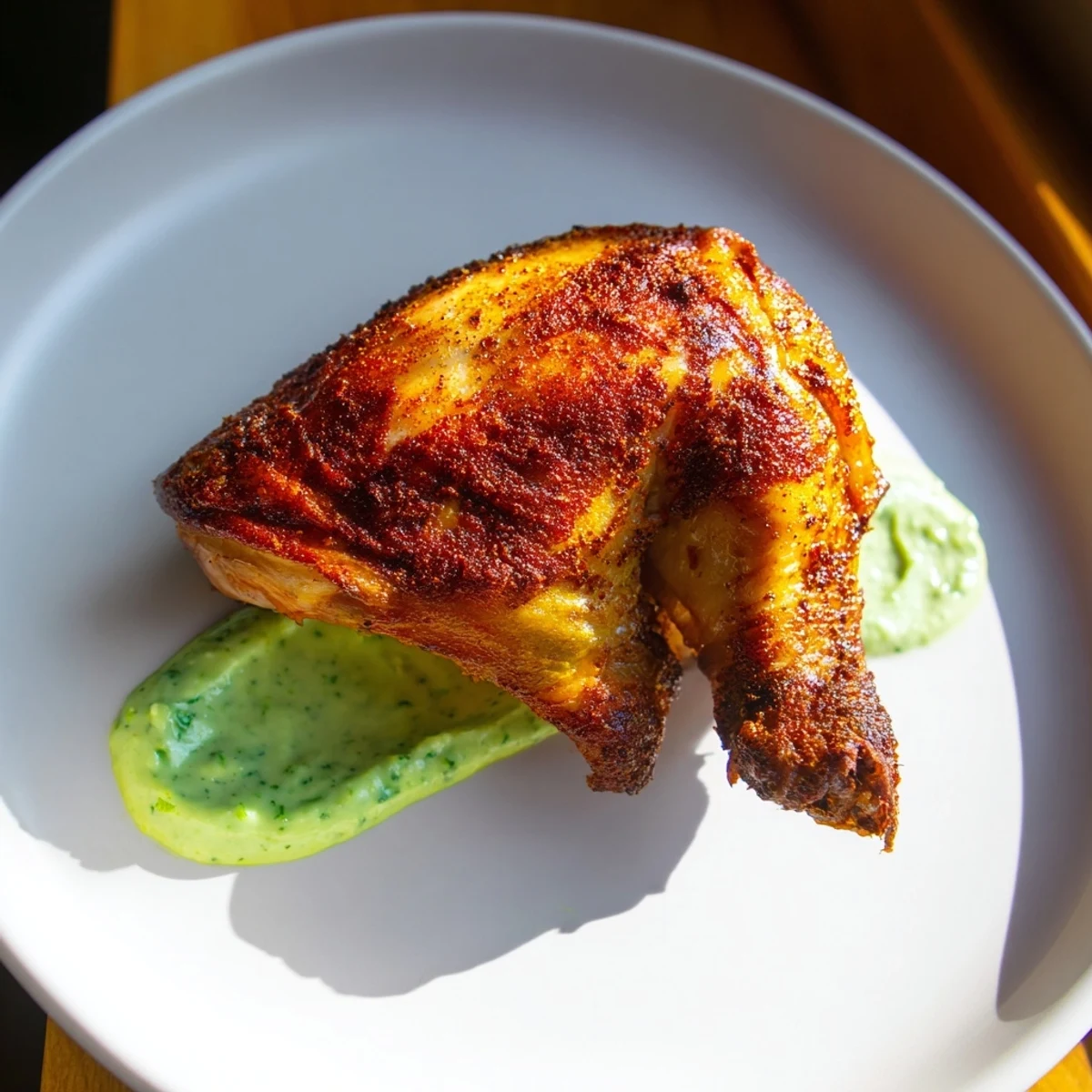 Juicy Peruvian chicken sliced and ready to serve with a vibrant green jalapeño sauce.
