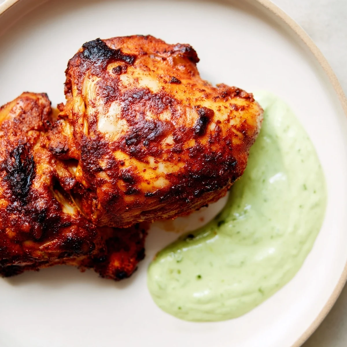 Golden-brown Peruvian roast chicken presented with a bowl of herby creamy green dipping sauce.