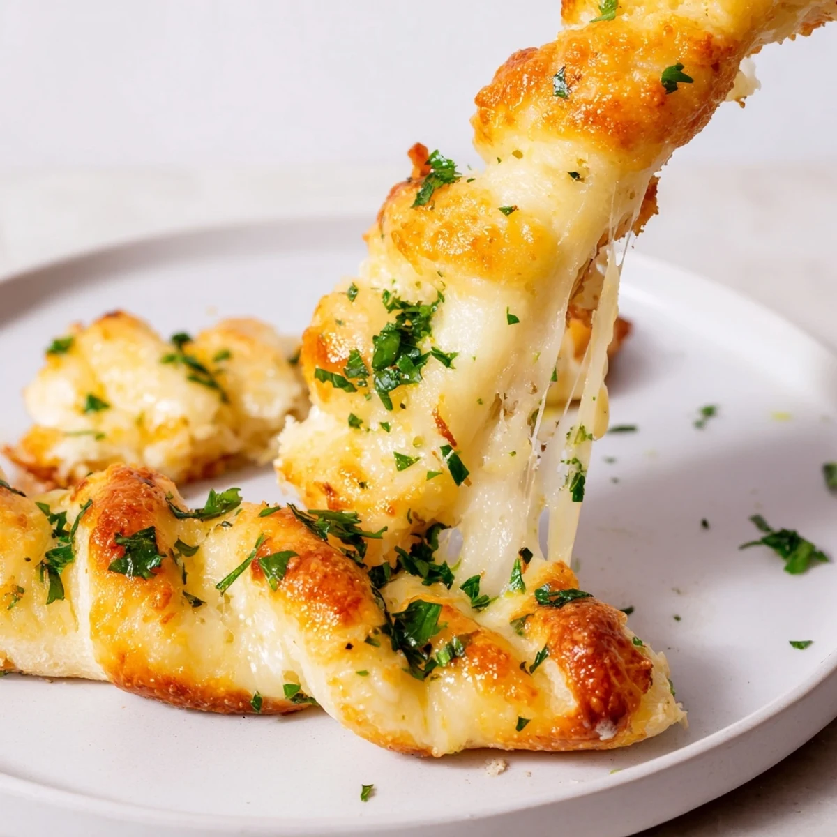 Freshly air fried Crispy Air Fryer Pizza Cheese Bread Twists, twisted and golden, served as a warm, cheesy appetizer with herbs.