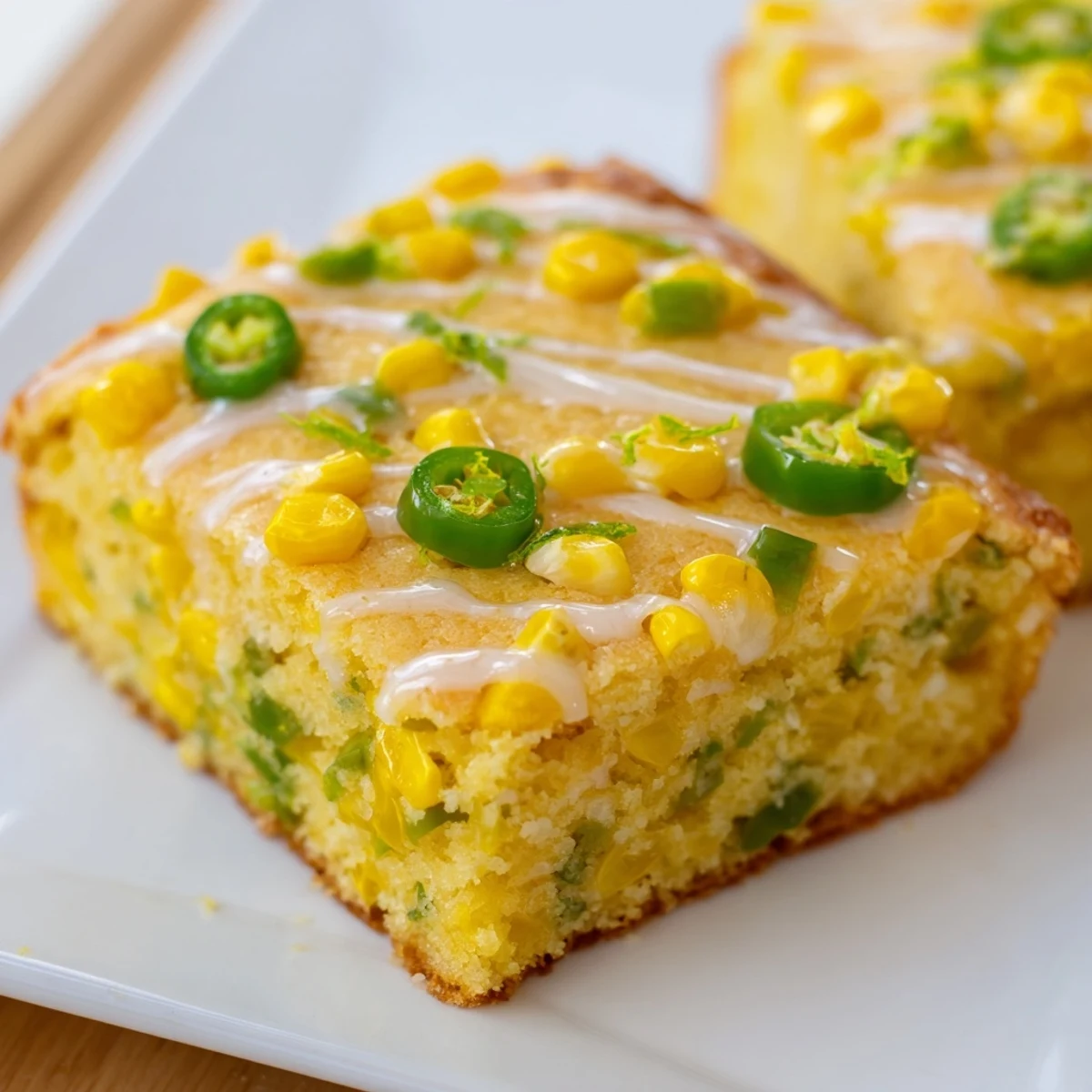 A slice of Spicy Sweet Jalapeño Cornbread with Zesty Lime Drizzle shows a moist crumb studded with corn and peppers.