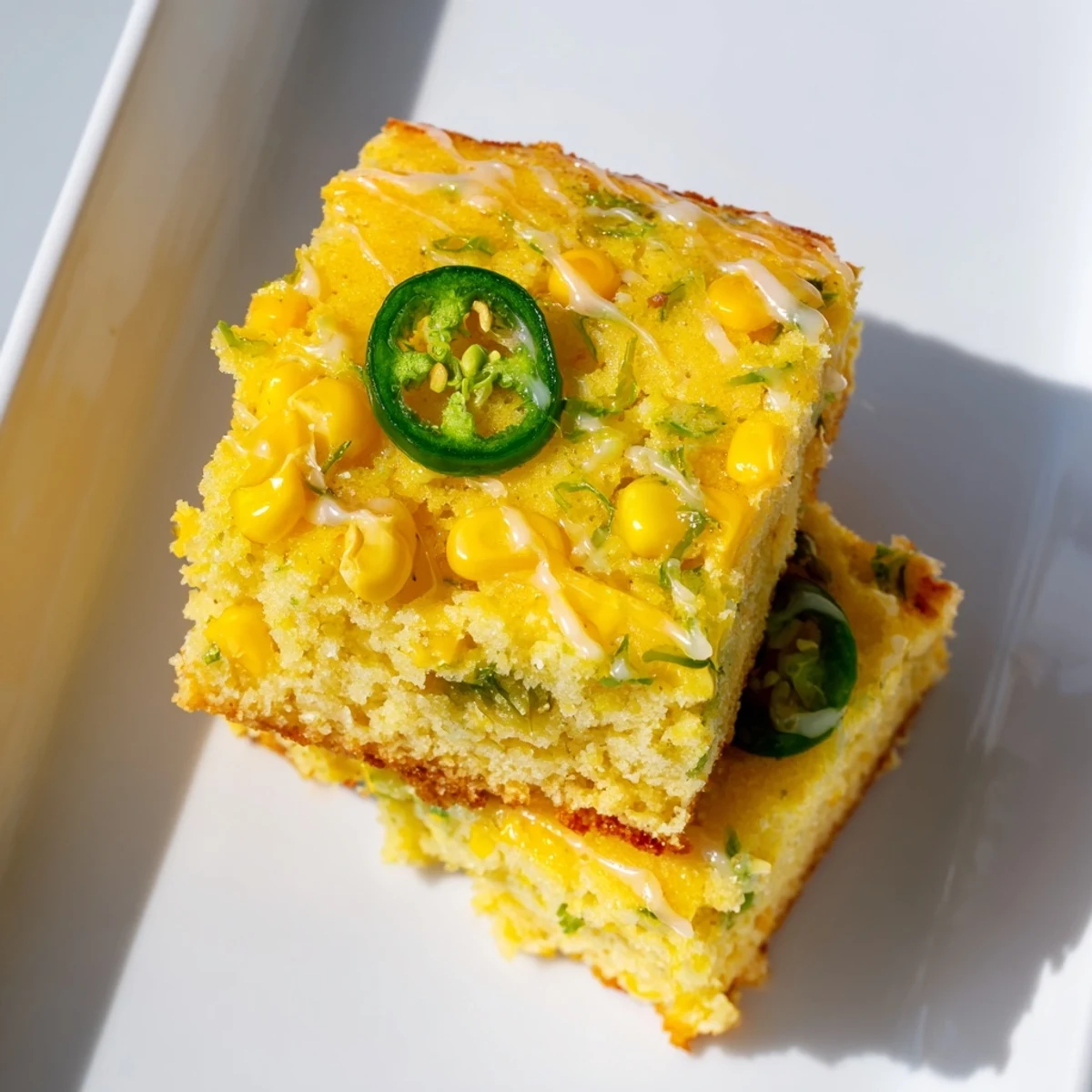 Golden Spicy Sweet Jalapeño Cornbread with Zesty Lime Drizzle on a rustic board, glaze dripping down the side.