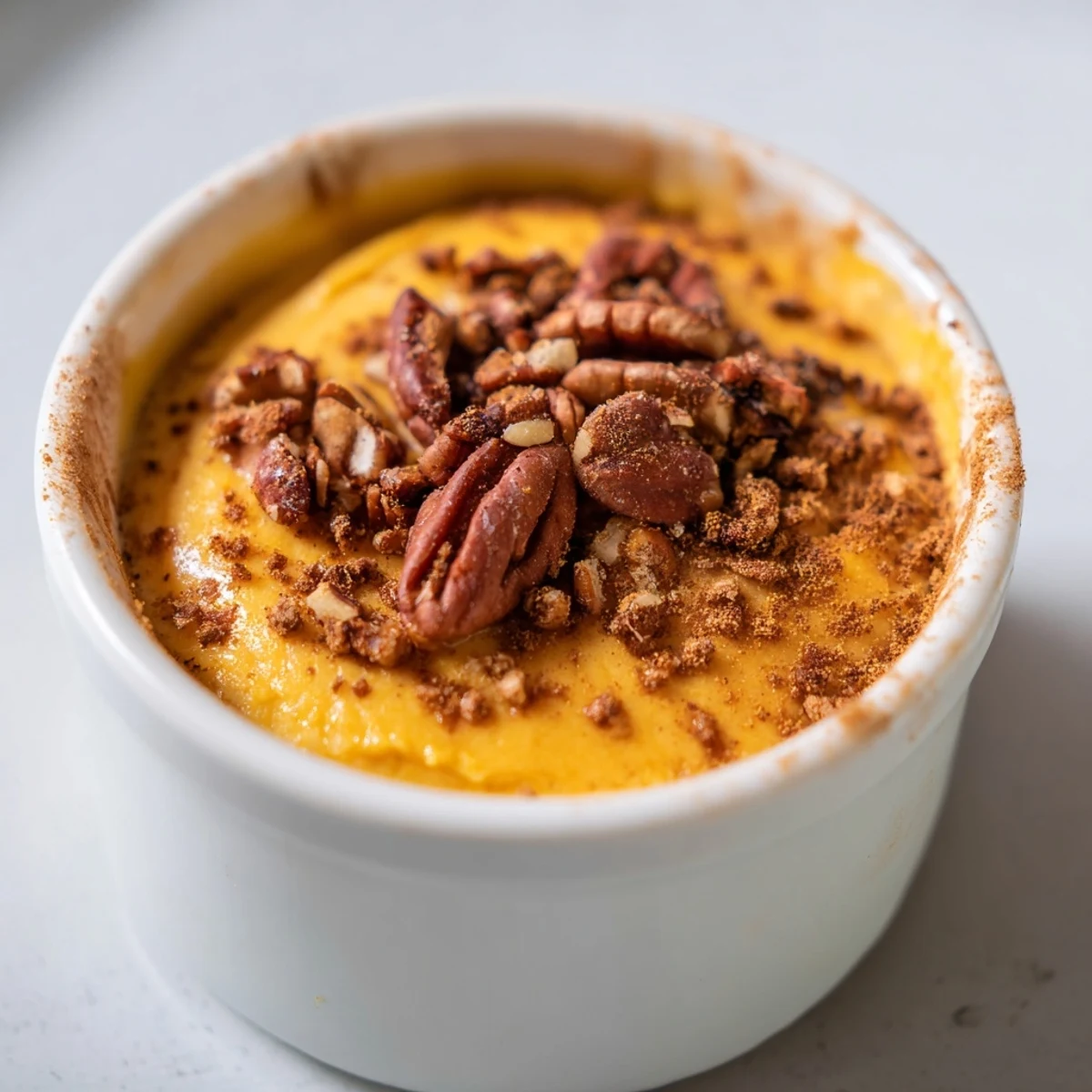 Baked pumpkin pudding in a glass dish with warm spices and a dollop of whipped cream.