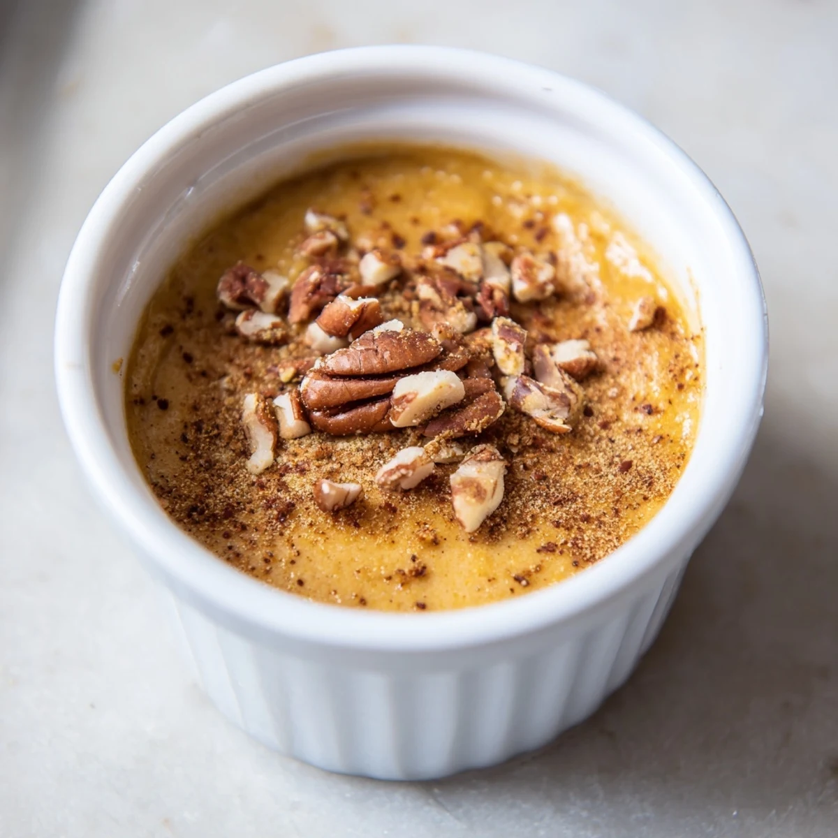 Close-up of silky, freshly baked pumpkin pudding ready to serve with cinnamon and pecans.