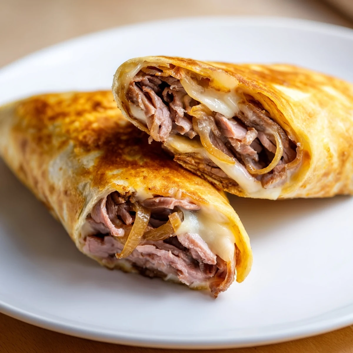 Crisp Easy French Dip Tortilla Roll Ups served with a small cup of steaming au jus for dipping.
