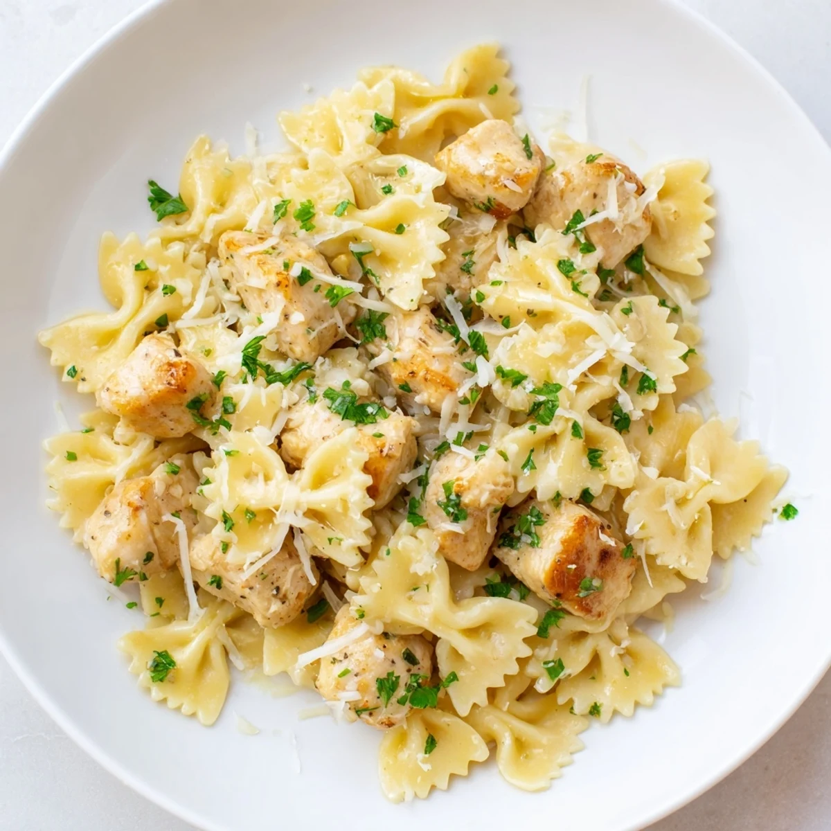 Close-up of Mozzarella Garlic Butter Chicken Bowties in Cheesy Cream with melted cheese and fresh parsley garnish.