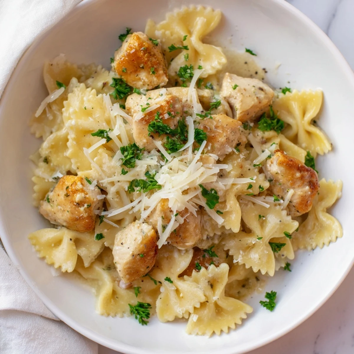 Family-style dinner plate of Mozzarella Garlic Butter Chicken Bowties in Cheesy Cream with garlic bread side.