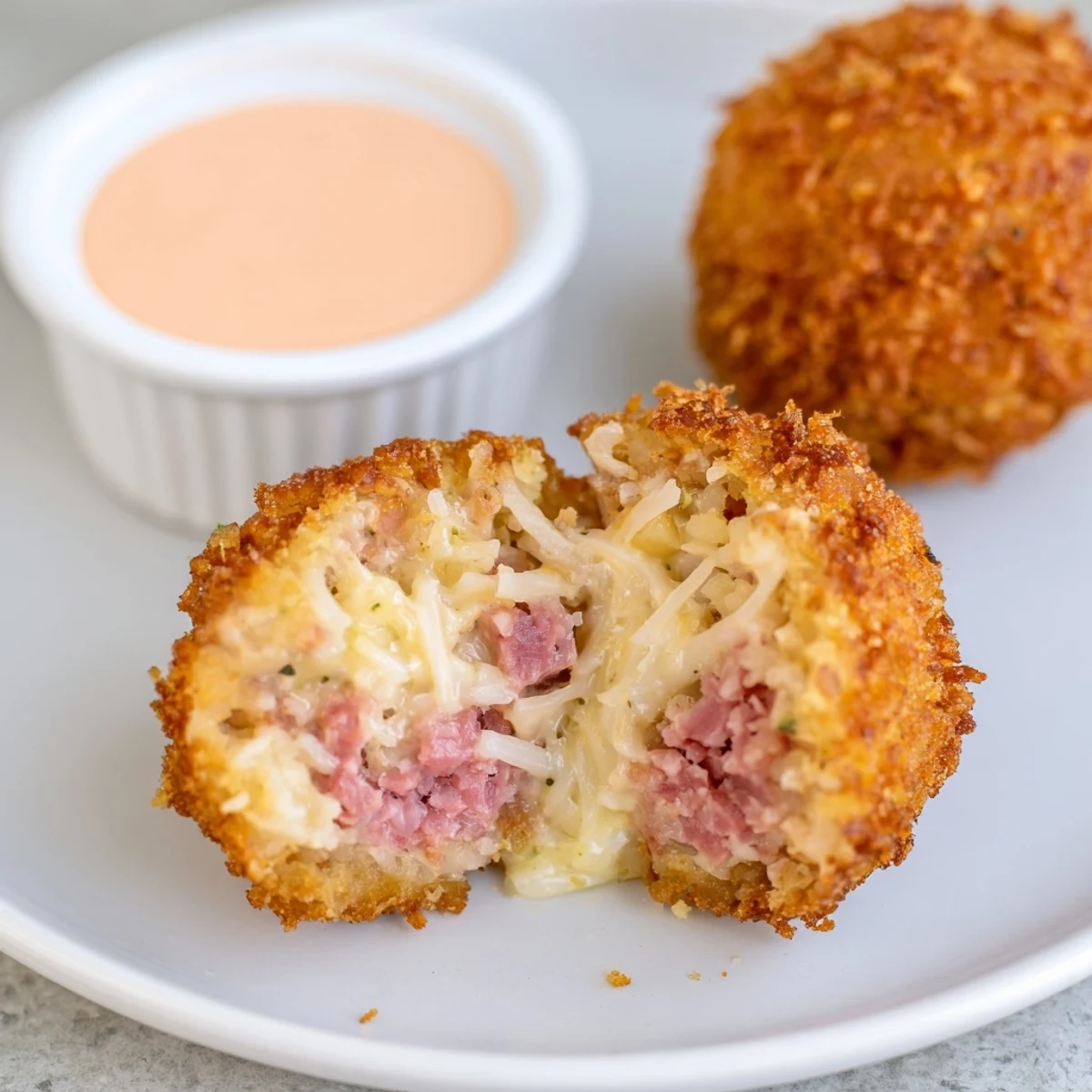 Golden brown Reuben Balls with Spicy Thousand Island sauce, served warm on a plate with a small dipping bowl.