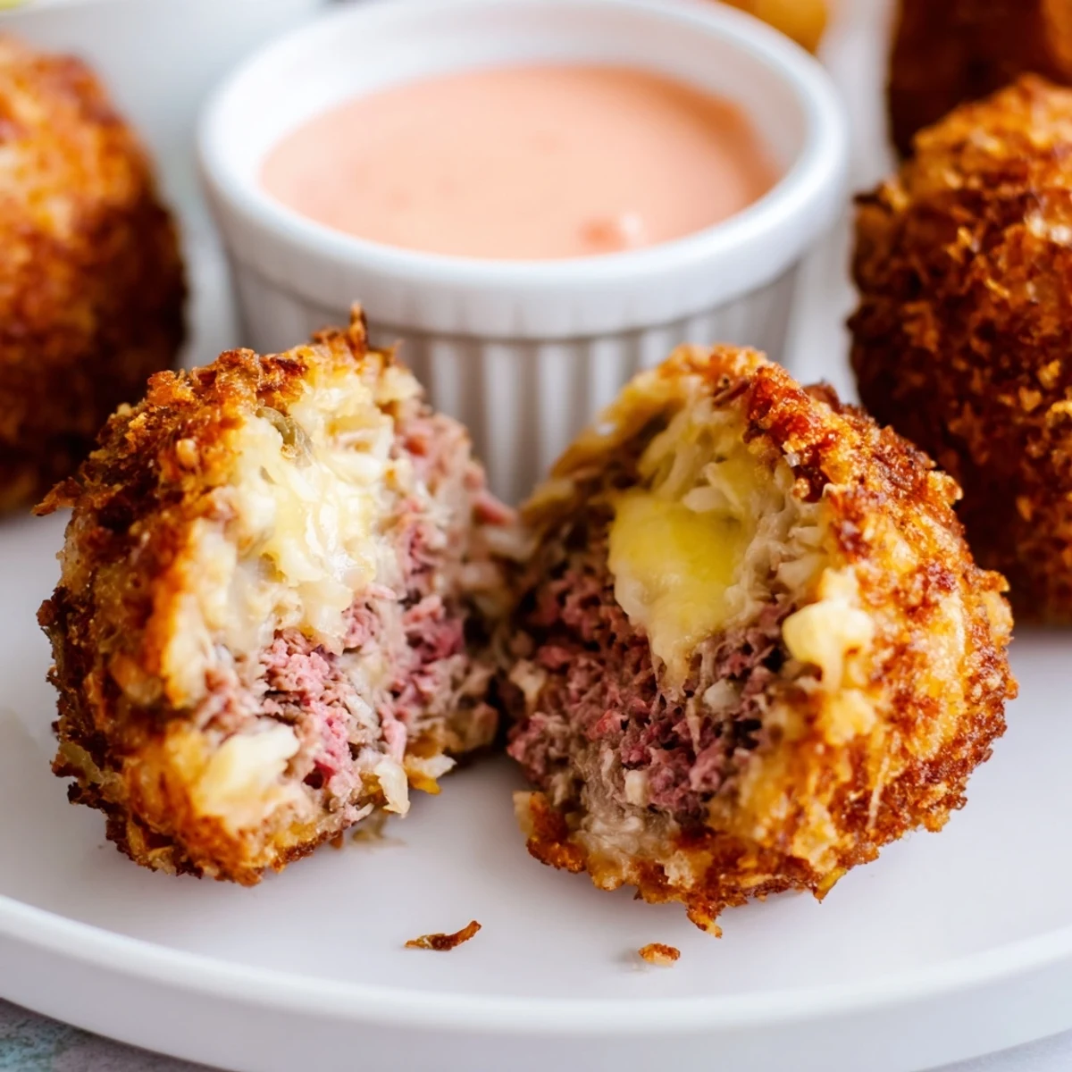 A close-up of Reuben Balls with Spicy Thousand Island, showing their crunchy panko coating and a creamy dip.