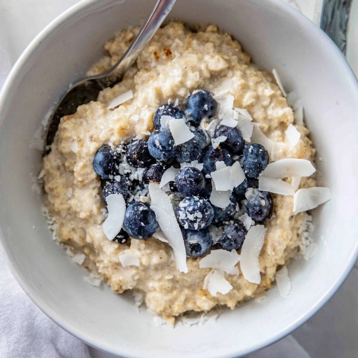 Two servings of Tasty Coconut Cream Oats with a drizzle of maple syrup on a rustic table.