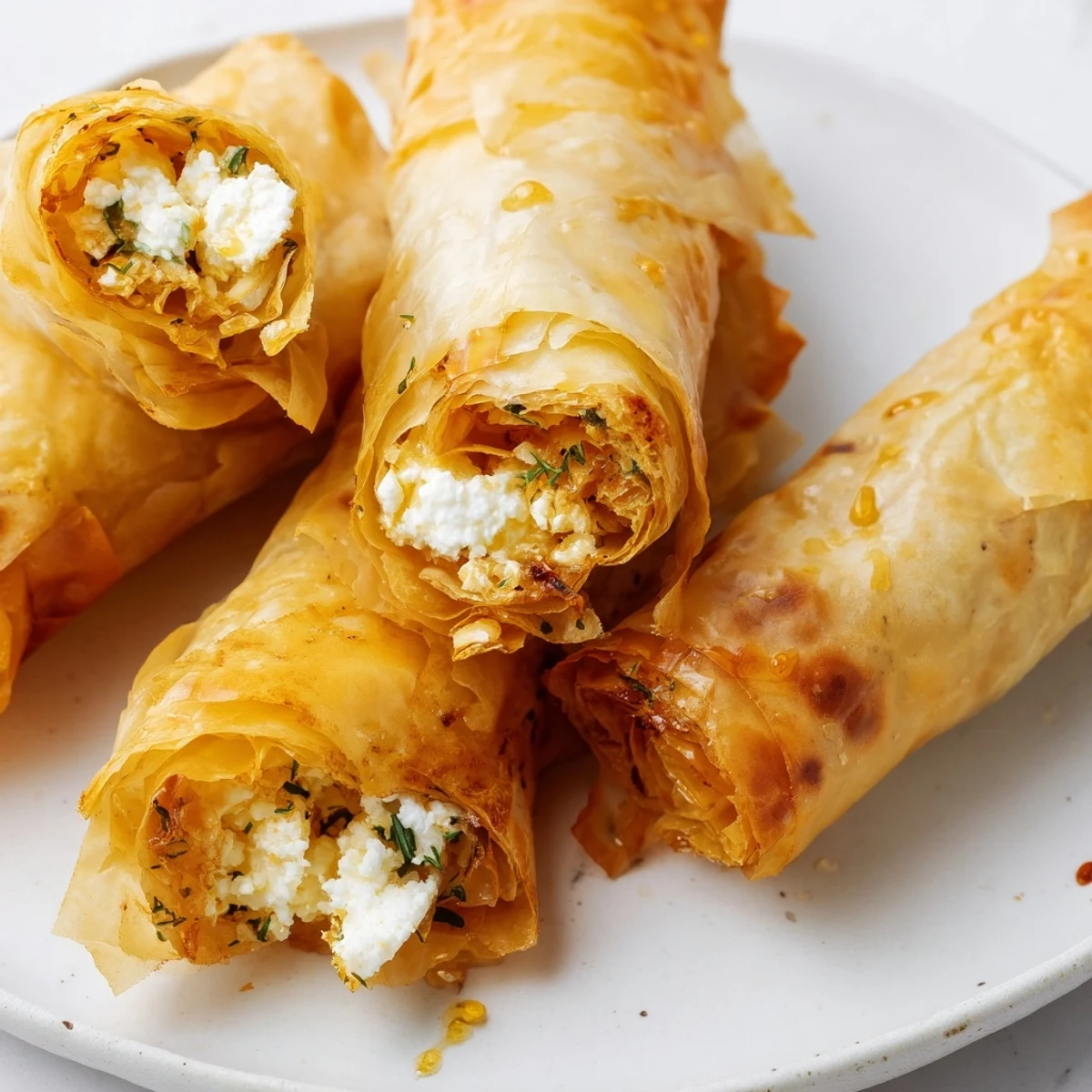 Golden, crispy Oven Fried Feta Rolls With Chili Honey sit on a rustic plate, ready to serve.