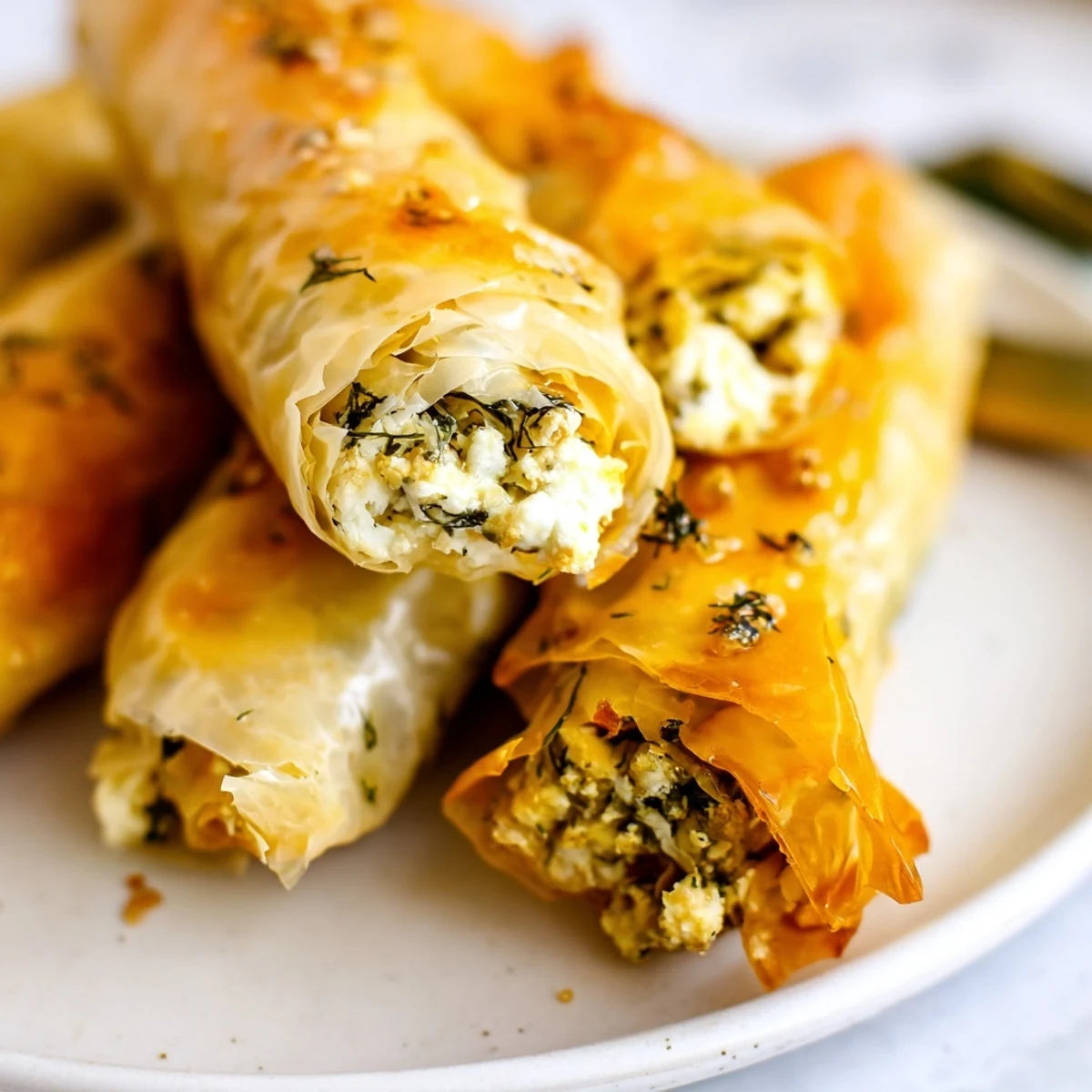 A close-up of Oven Fried Feta Rolls With Chili Honey shows flaky filo and a glossy drizzle.