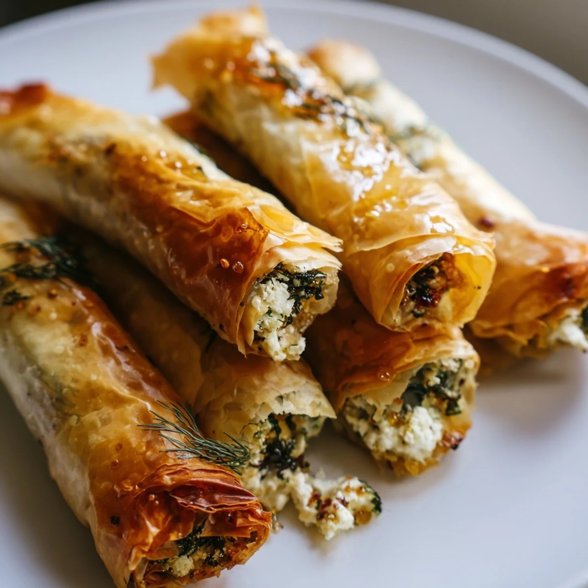 Fresh herbs and chili flakes garnish these Oven Fried Feta Rolls With Chili Honey for a vibrant look.