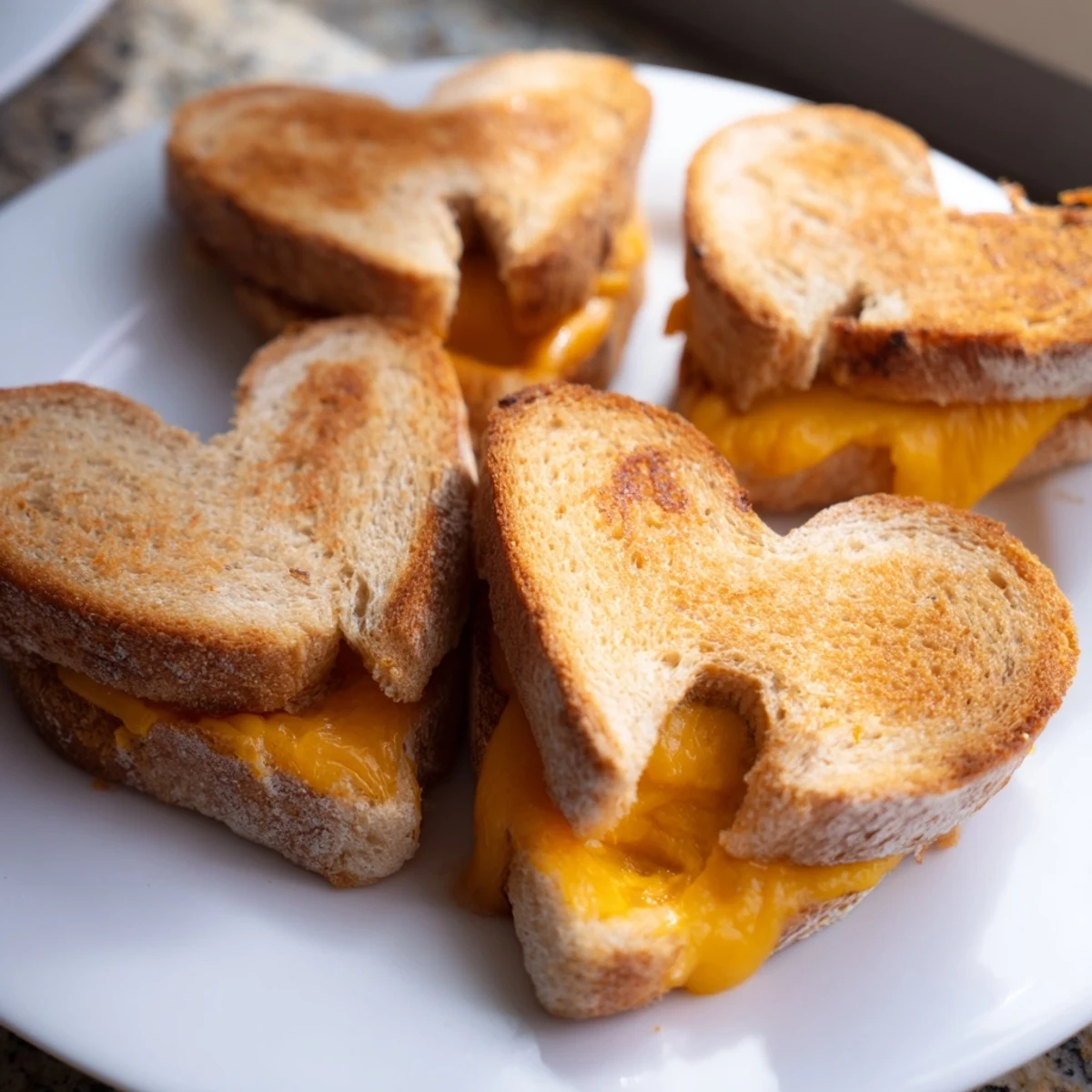 Golden-brown mini grilled cheese hearts resting on a wooden board, ready to serve at a party.  