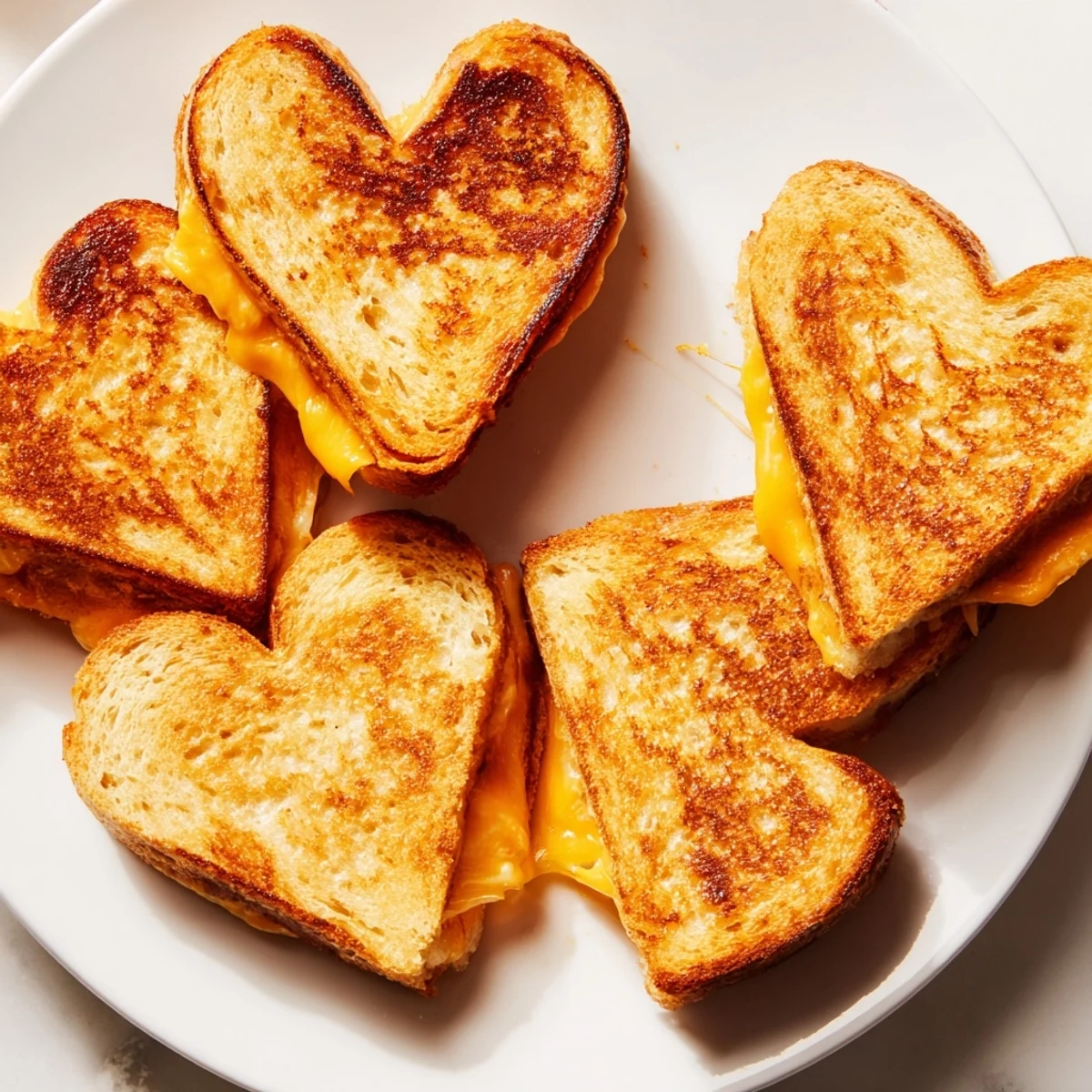 Two warm mini grilled cheese hearts stacked on a plate with melted cheddar oozing out.  