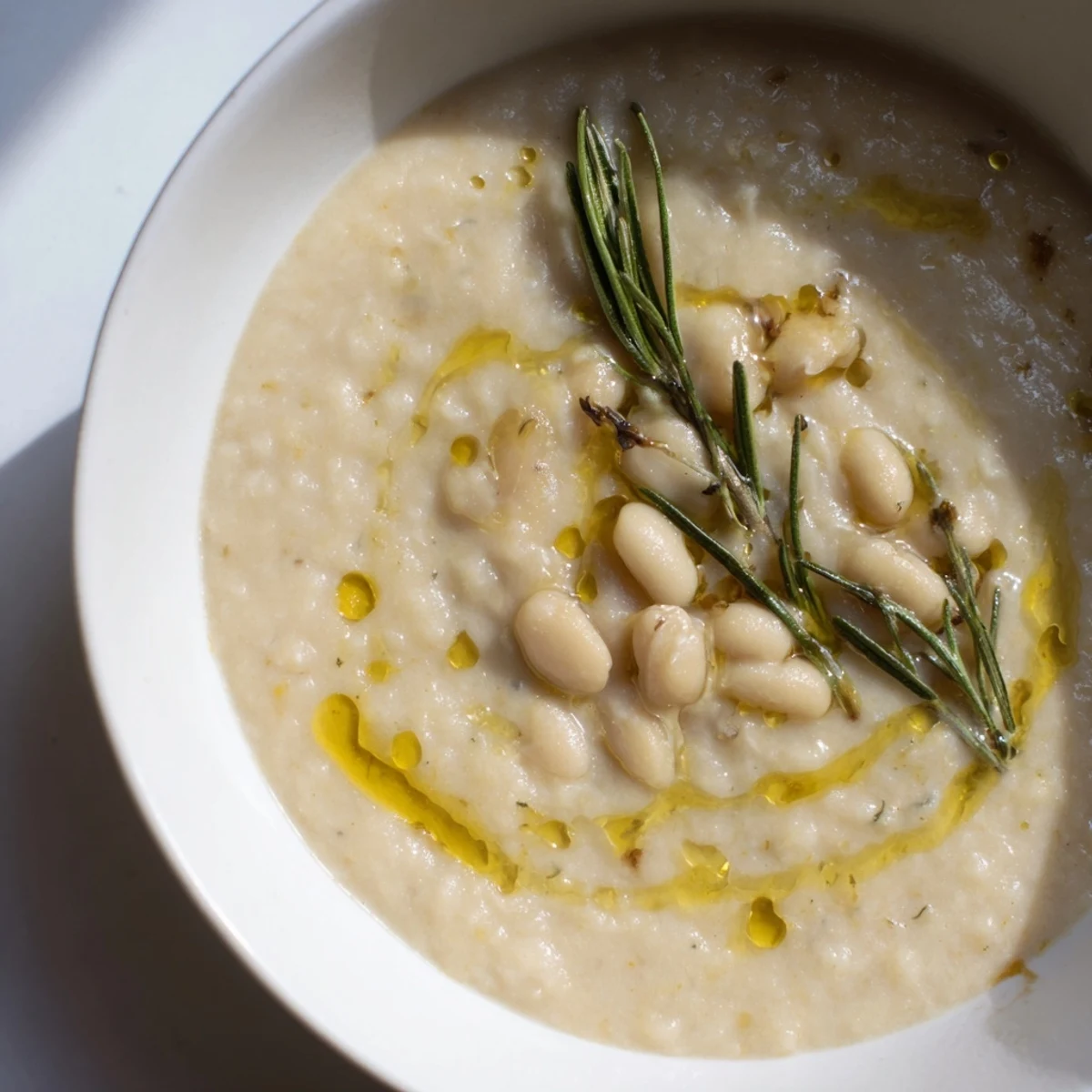 The finished Rosemary and Roasted Garlic White Bean Soup served in a white ceramic bowl, topped with fresh herbs and a cracked pepper garnish.