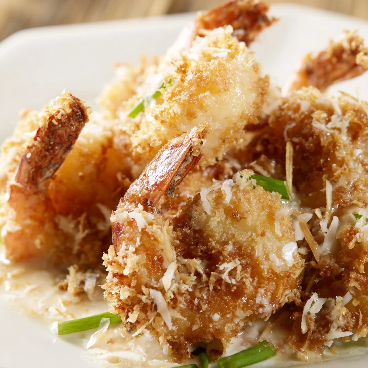 Golden-battered Chinese Coconut Shrimp drenched in creamy coconut sauce, garnished with toasted coconut and green onions.