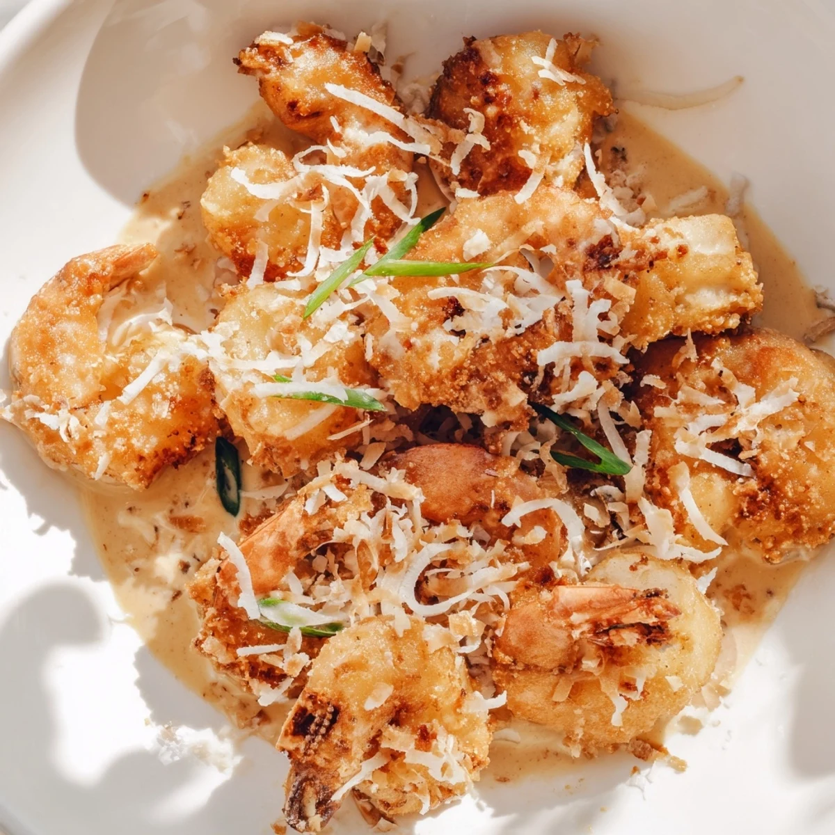 Crispy Chinese Coconut Shrimp tossed in a rich, sweet coconut sauce, served hot on a white plate for dinner.