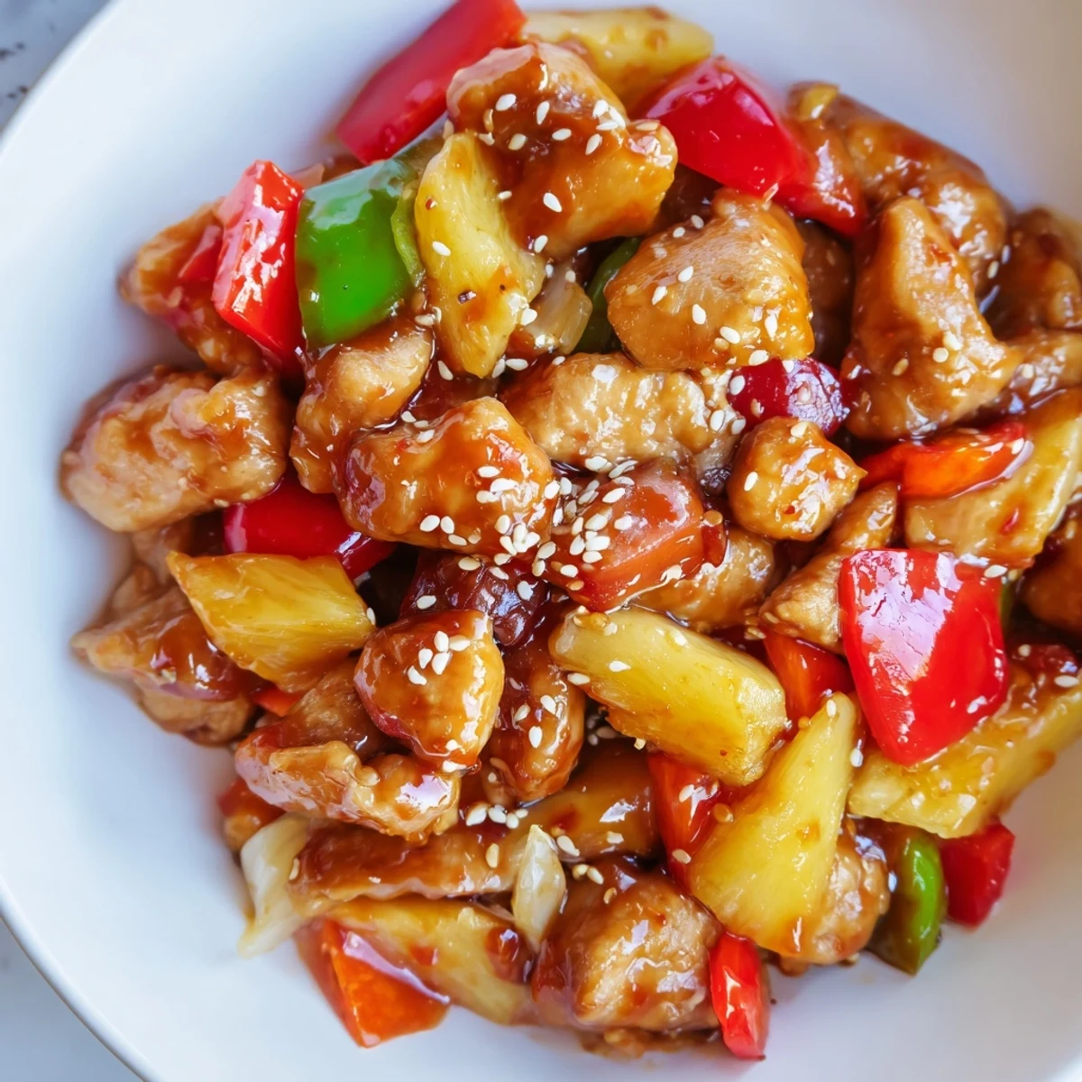 Sweet chili sauce glistens on crisp bell peppers and onions, with toasted sesame seeds and fresh ginger for aroma.
