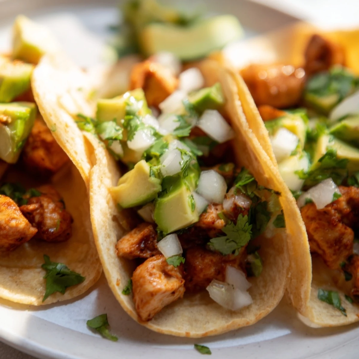 Tender golden chicken tucked into soft tortillas for authentic Chicken Street Tacos, topped with creamy avocado and zesty lime.
