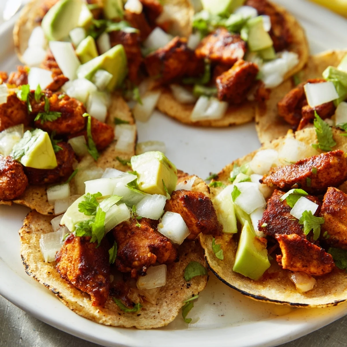 Juicy marinated chicken thighs grilled and chopped for Chicken Street Tacos in warm corn tortillas with cilantro and onion.