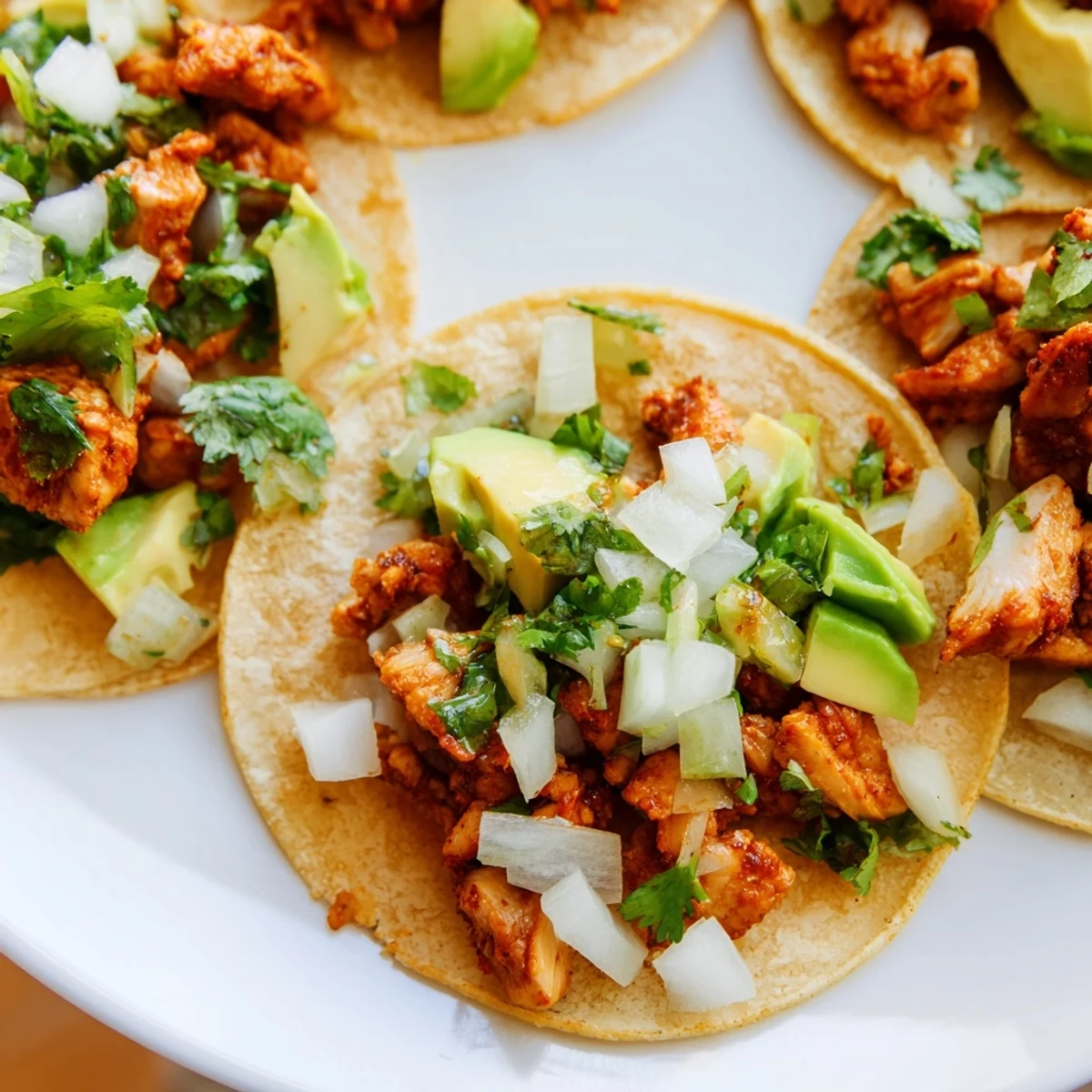 Freshly assembled Chicken Street Tacos with smoky seasoned chicken, diced onion, cilantro, and optional cotija cheese on corn tortillas.