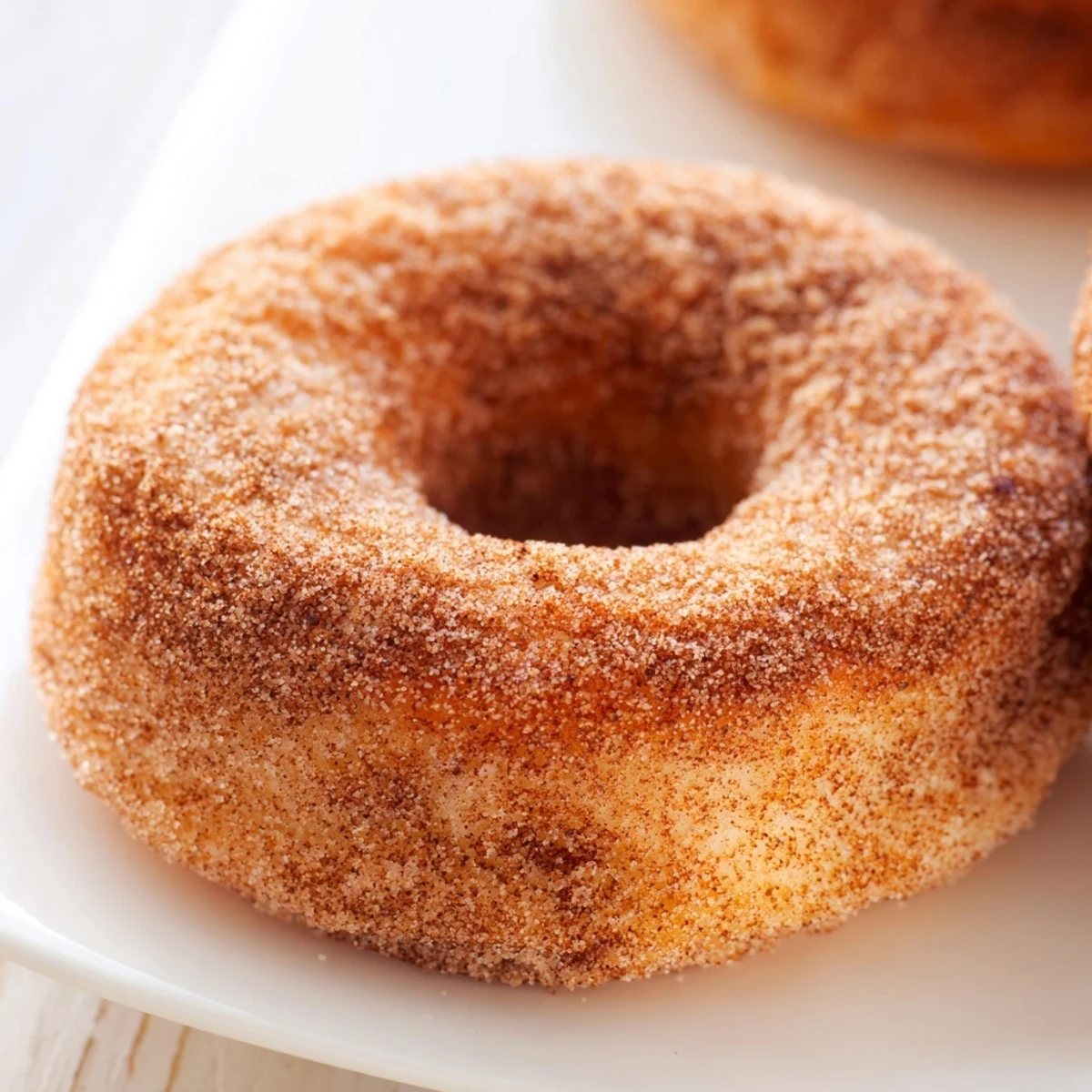 A plate of baked Delicious Baked Cinnamon Sugar Donuts You Can’t Resist, coated in a sparkling sugar glaze.  