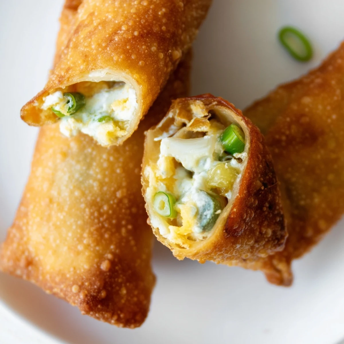 Golden-brown Mini Jalapeño Popper Egg Rolls sit on a plate, steam rising from their crispy wrappers and revealing creamy, spicy filling.
