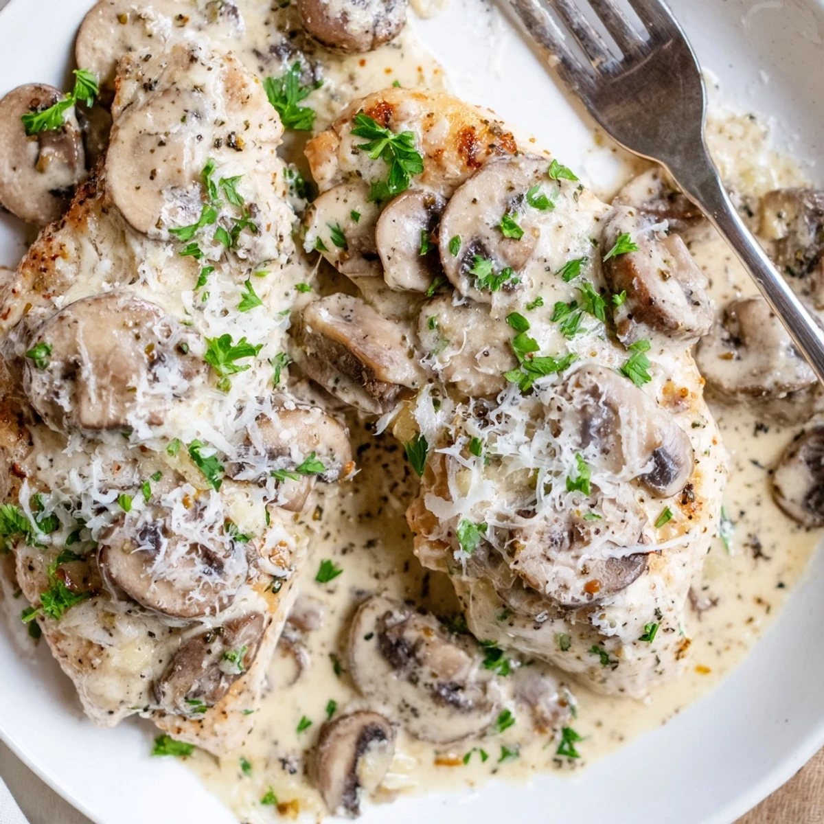 A close-up view of Mushroom Asiago Chicken served with mashed potatoes, garnished with fresh parsley and melted Asiago cheese.