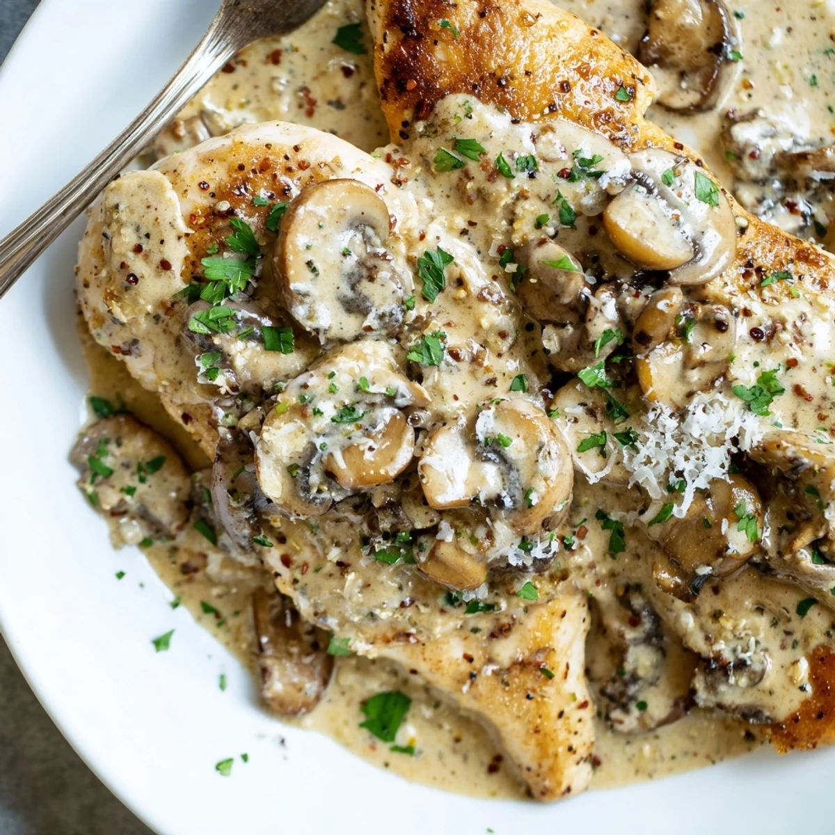 Golden-brown chicken breasts simmer in a creamy Mushroom Asiago Chicken sauce with sautéed mushrooms, perfect over pasta.