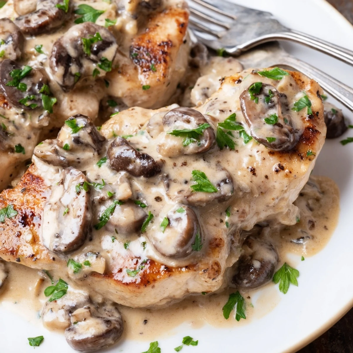 Tender chicken in a rich Mushroom Asiago Chicken sauce, ideal for a comforting family dinner with a glass of white wine.