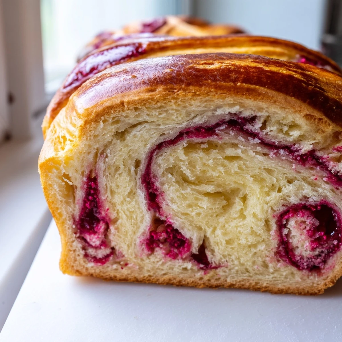 Freshly baked Raspberry Swirl Brioche Loaf with a golden crust and soft, buttery interior, perfect for breakfast.