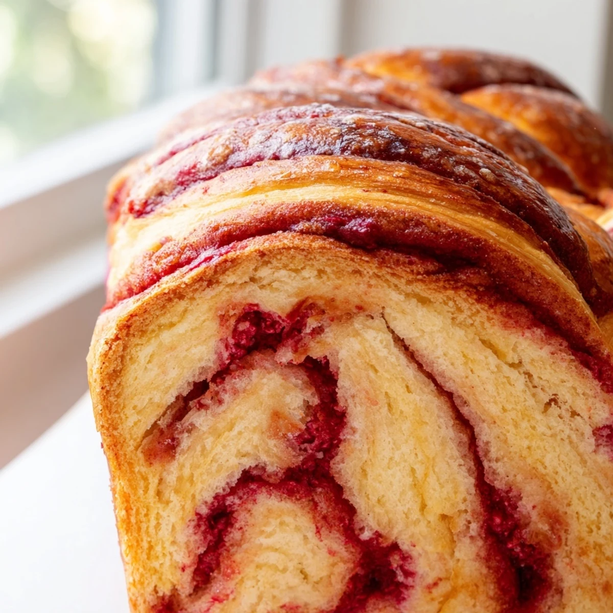 A warm slice of Raspberry Swirl Brioche Loaf served with coffee, ideal for an indulgent afternoon snack.