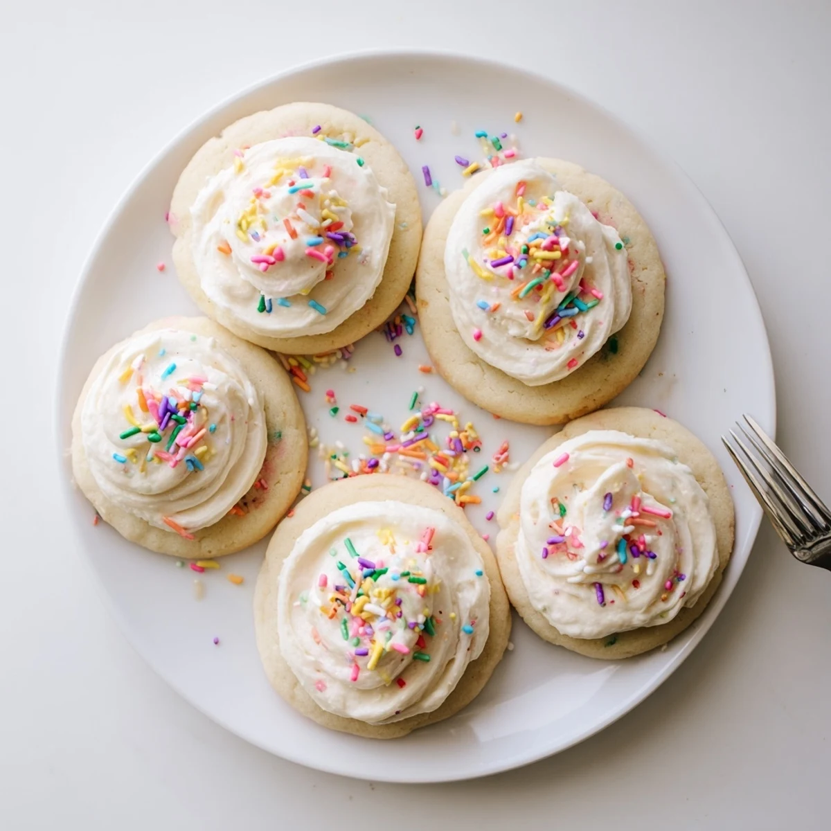 A close-up shows Walmart-Style Sugar Cookies with Buttercream Frosting topped with colorful sprinkles on a party platter.