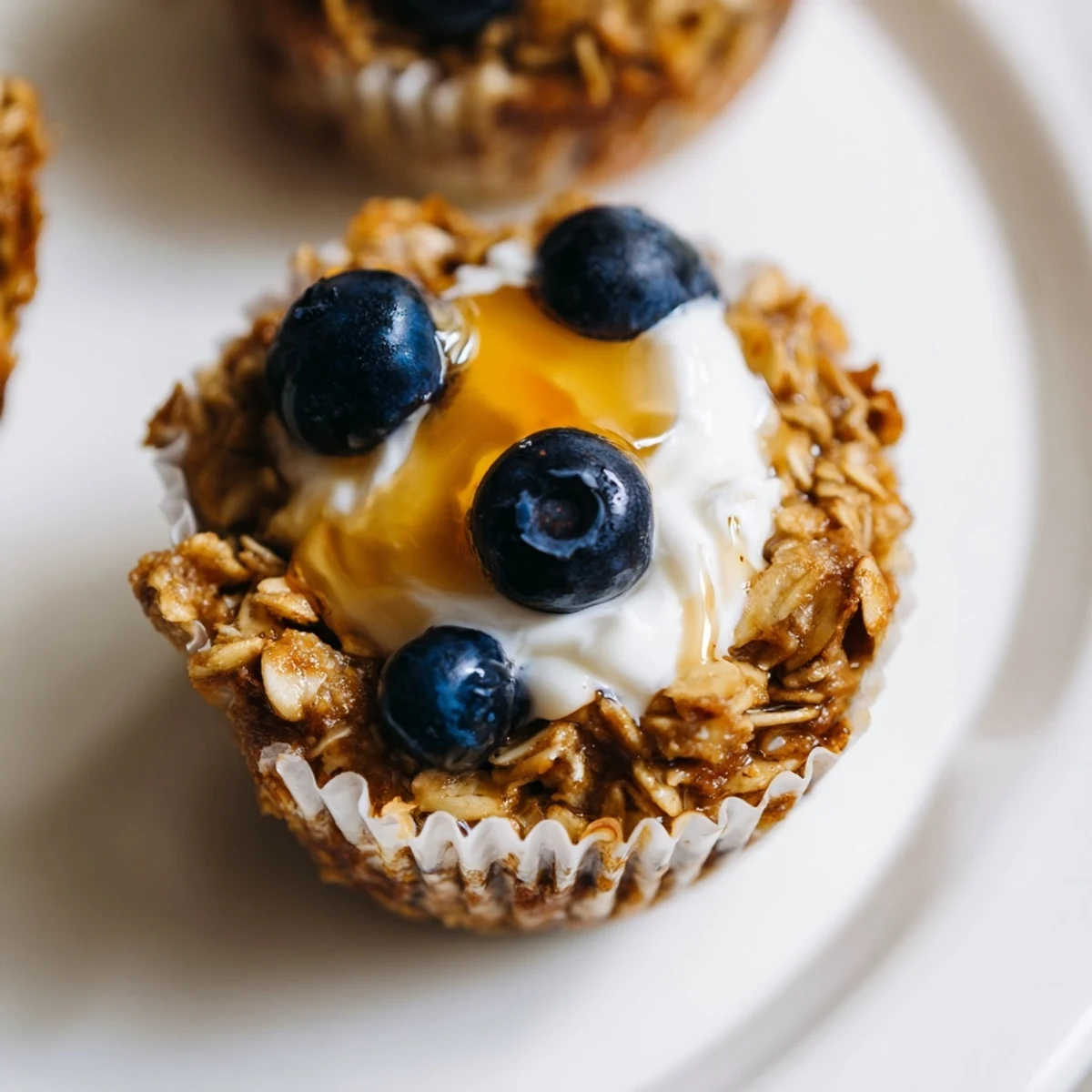Warm Baked Oatmeal Cups with Greek Yogurt are garnished with sliced strawberries and a drizzle of honey on a rustic table.